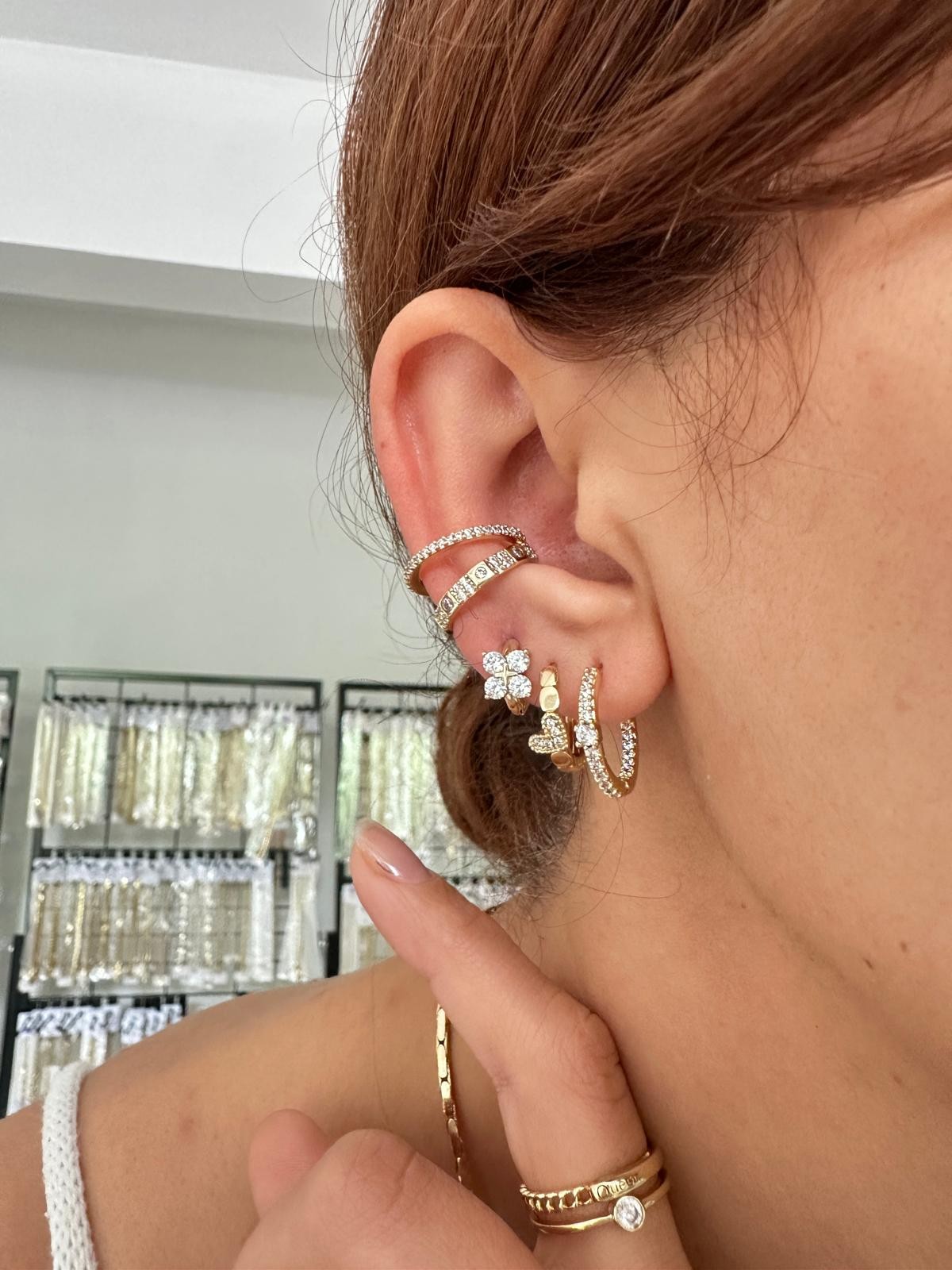 14K Gold Renkli İkili Sıra Damla Taşlı Earcuf