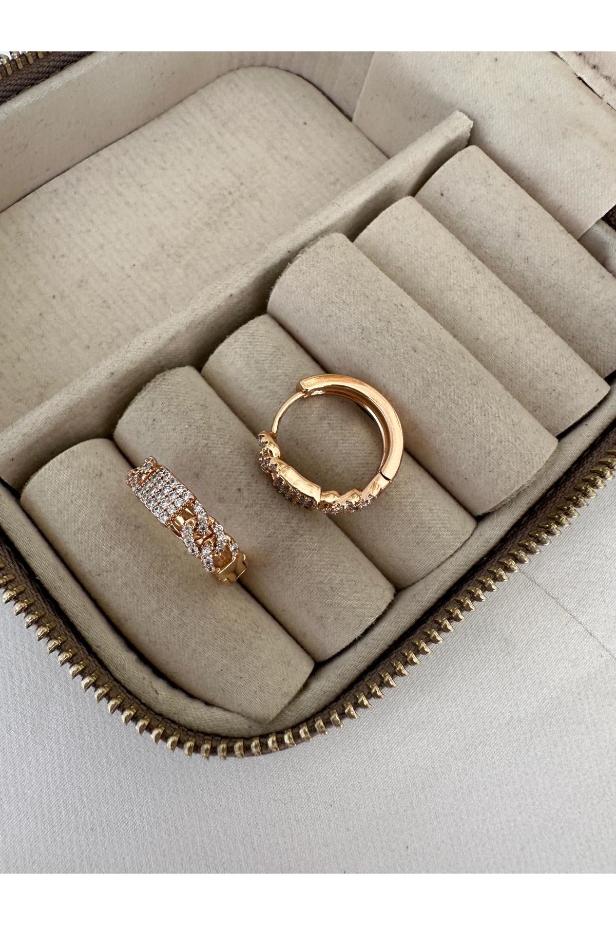 18K Rose Gold Renkli İncecik Montür Taşlı Halka Örgü Küpe