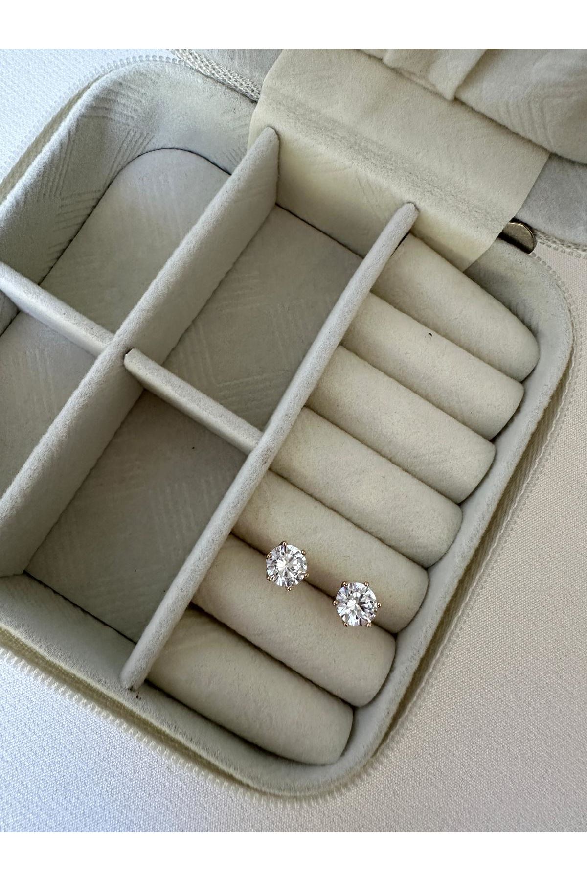 18K Rose Gold Renkli Büyük Boy Tek Taş Yuvarlak Küpe