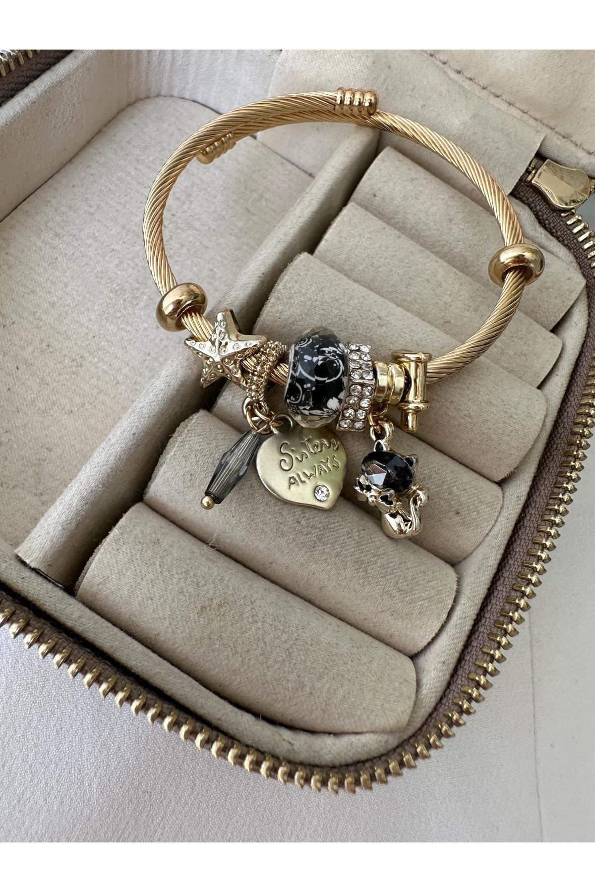 18K Rose Gold Renkli Sister Always Siyah Kedi Bol Charmlı Pandora Bileklik