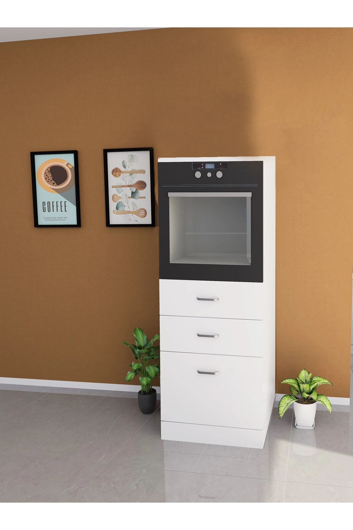 Mutfak Ankastre Fırın & Kiler Dolabı 3 Çekmeceli 60 Cm Parlak Beyaz Kısa Boy
