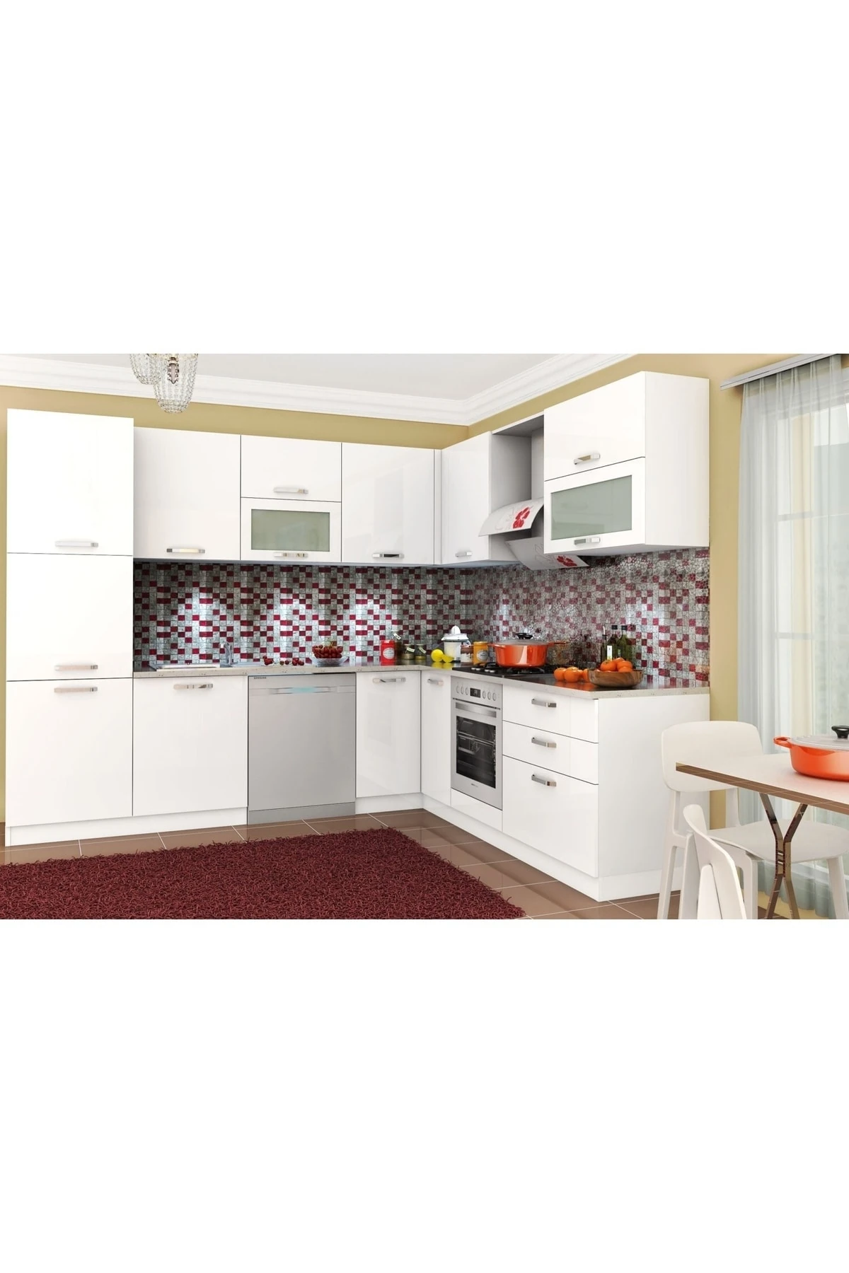 Vegas Ankastre High Gloss L Mutfak 520 cm Beyaz Tezgah Hariç