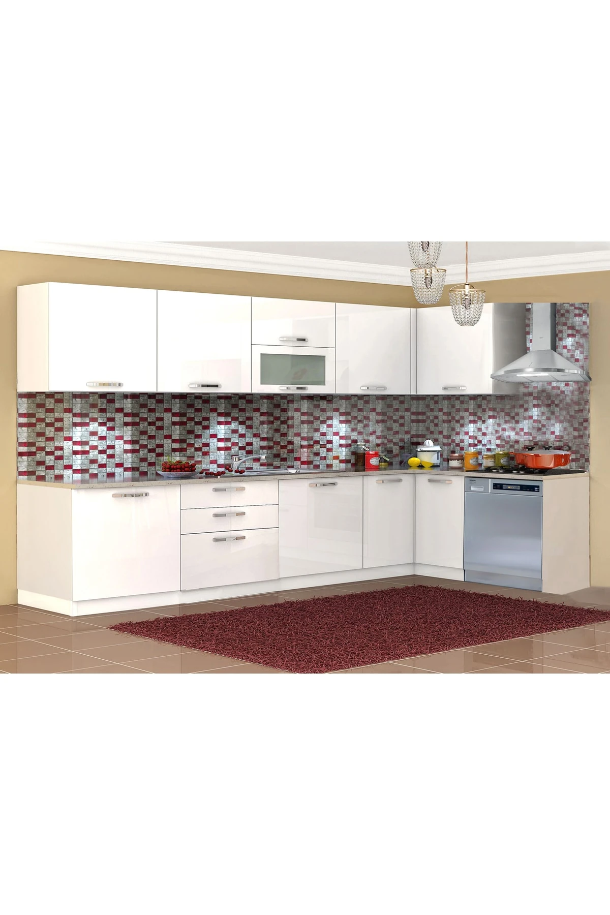 Vegas Ankastre L Mutfak 425 Cm Mod-2 Beyaz Tezgah Hariç