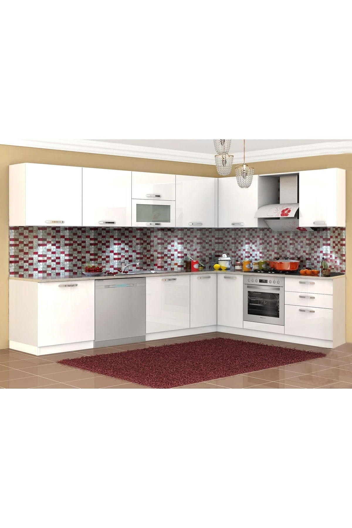 Vegas Ankastre L HİGH GLOSS Mutfak 485 cm Beyaz Tezgah Hariç