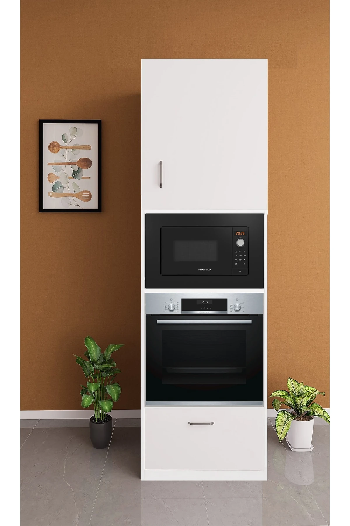 Mutfak Ankastre Fırın , Ankastre Micro ve Kiler Dolabı 60 Cm Parlak Beyaz ,1 çekmeceli