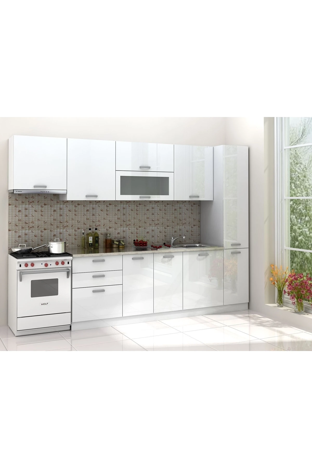 Eko Line Mutfak Parlak Beyaz High Gloss 300 Cm Tezgah Dahil