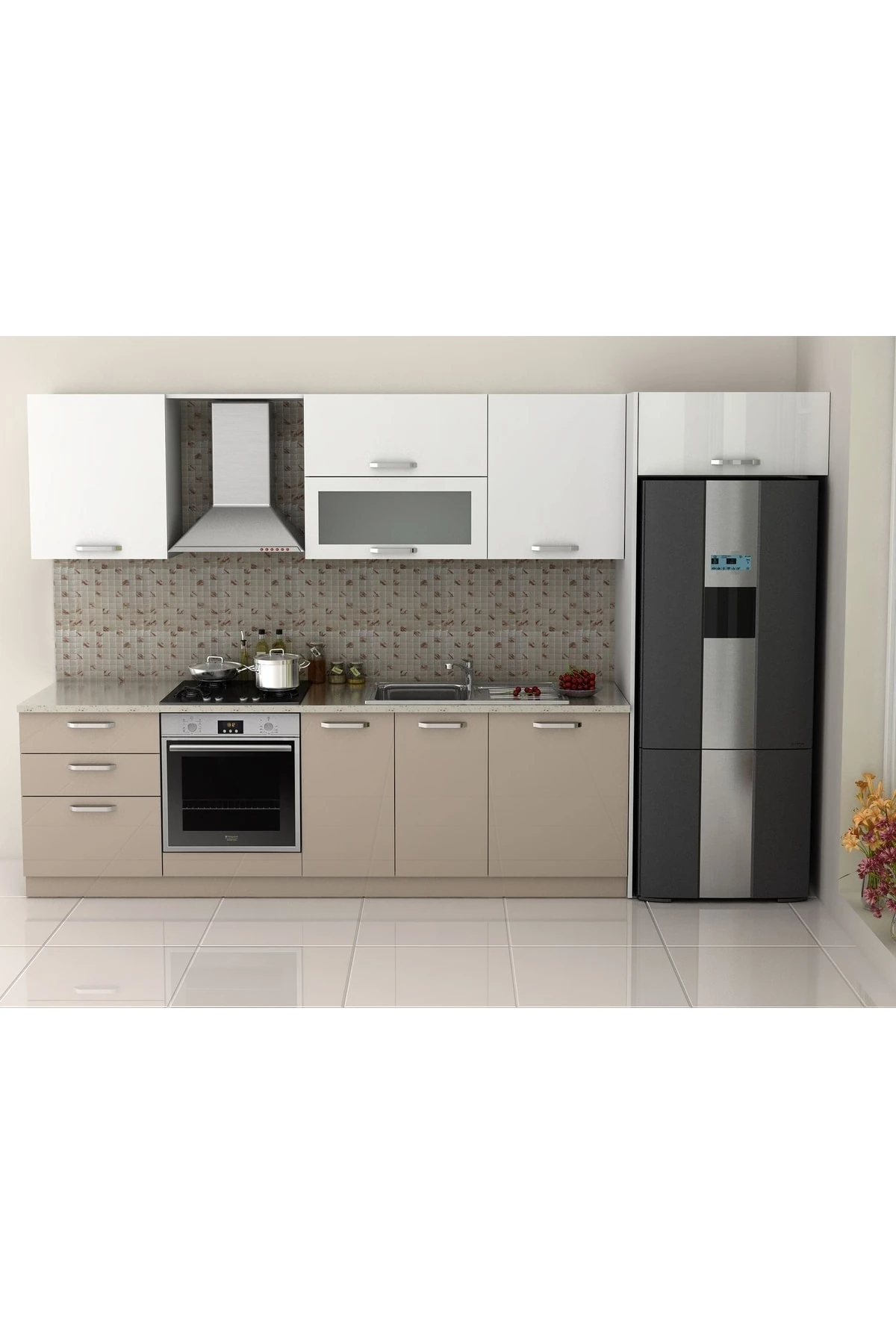 Manolya Mutfak 340 Cm High Gloss Beyaz & Capucino Tezgah Hariç