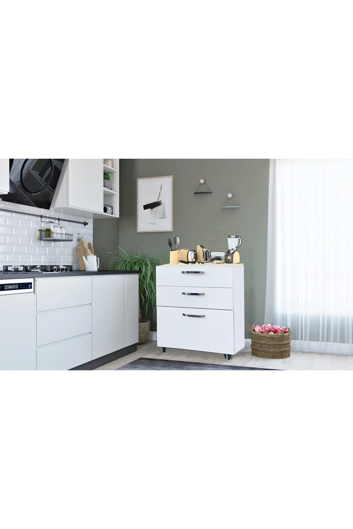 Mutfak Laminat Tezgahlı Alt Dolap 3 Çekmeceli Tekerlekli 60 x 82