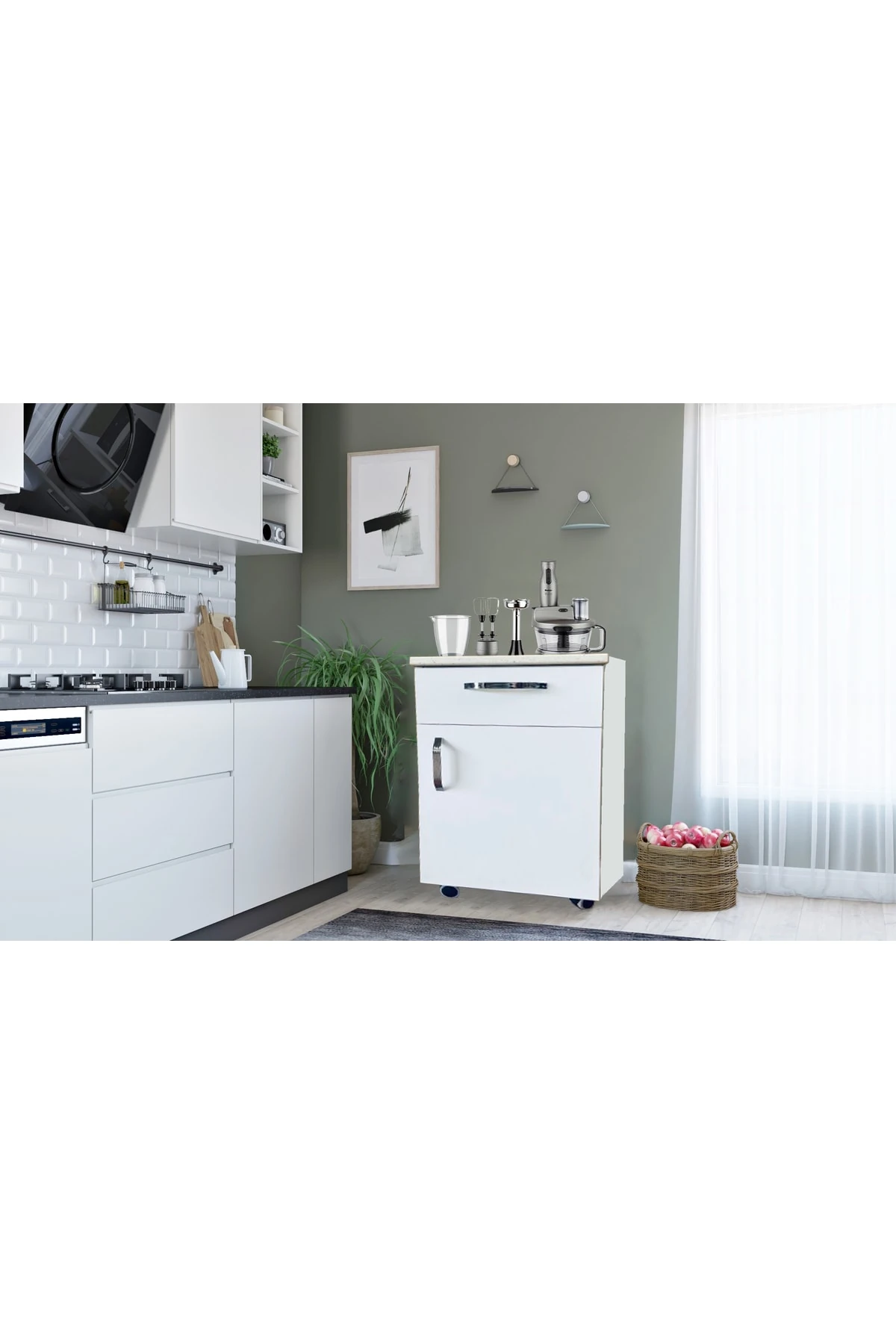 Mutfak Laminat Tezgahlı Alt Dolap Tek Çekmeceli Kapaklı Tekerlekli 40 x 82