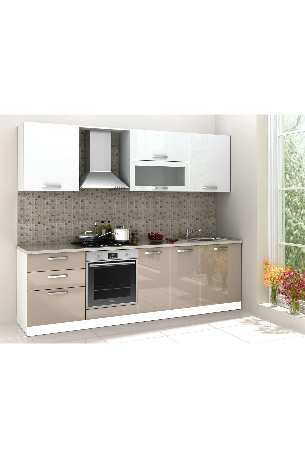 Eko Rosso Mutfak 260cm High Gloss Beyaz & Capucino Tezgah Dahil