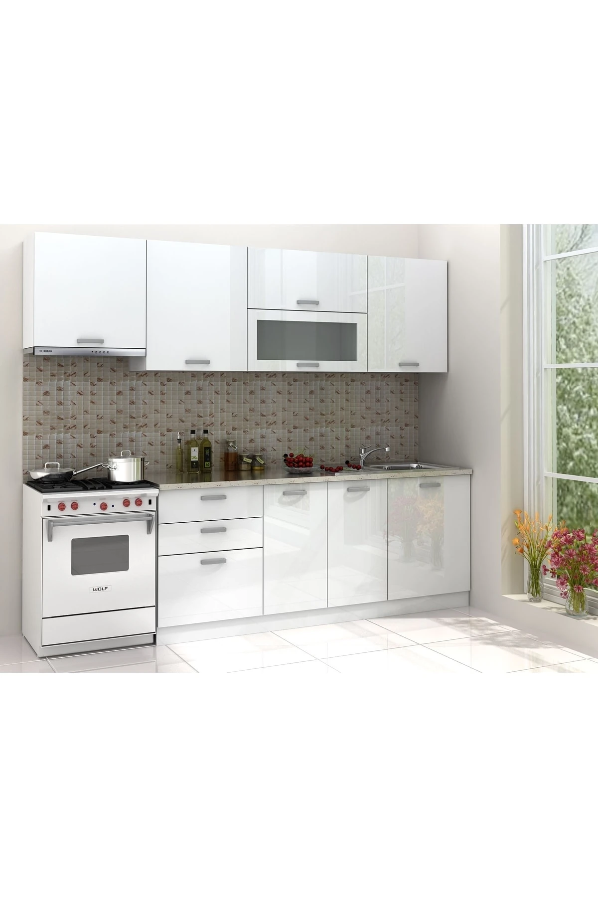 Eko Line Mutfak Parlak Beyaz High Gloss 260 Cm Tezgah Dahil