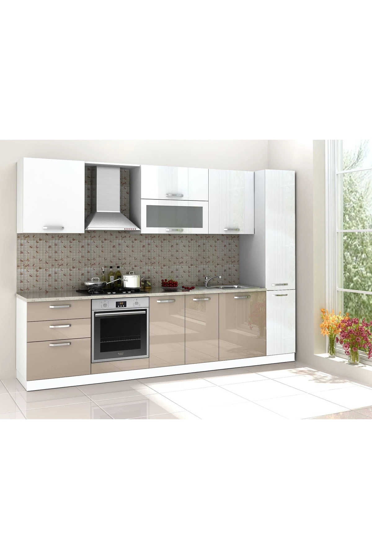 Eko Rosso Mutfak 300 Cm High Gloss Beyaz & Capucino Tezgah Dahil