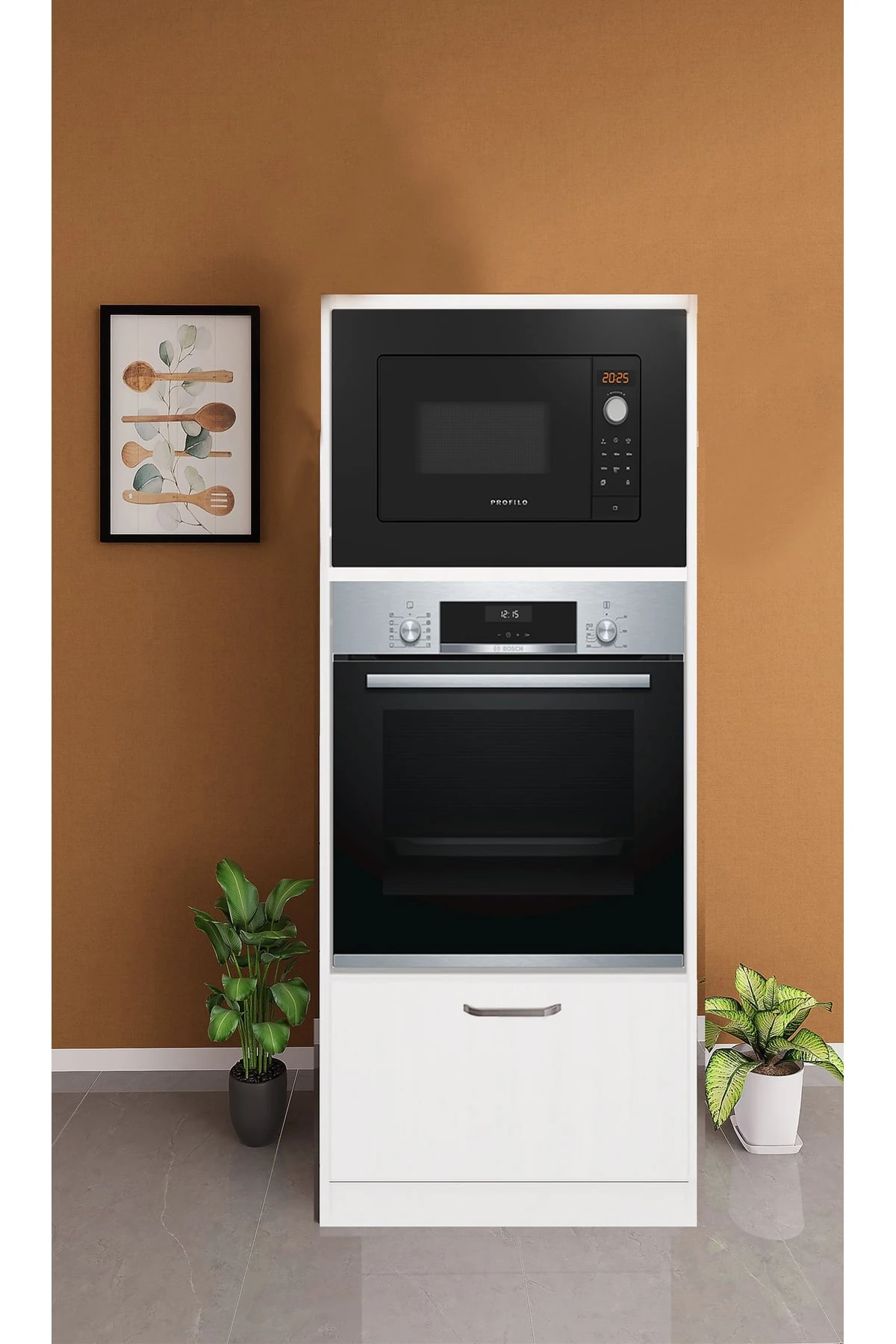 Mutfak Ankastre Fırın ve Ankastre Micro Dolabı, Kısa Boy 60 Cm Parlak Beyaz ,1 çekmeceli