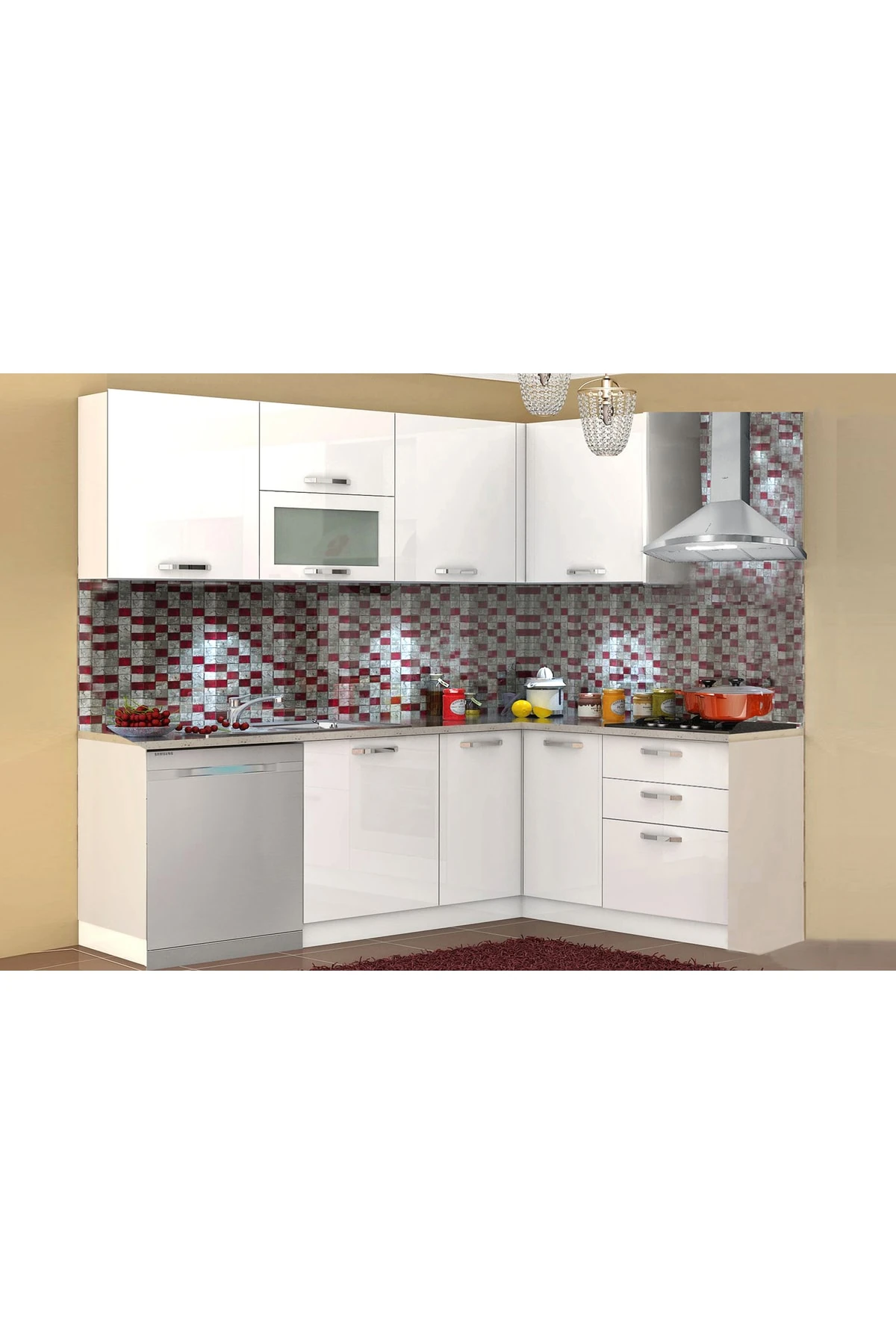 Vegas Ankastre L HİGH GLOSS Mutfak 365 cm Beyaz Tezgah Hariç