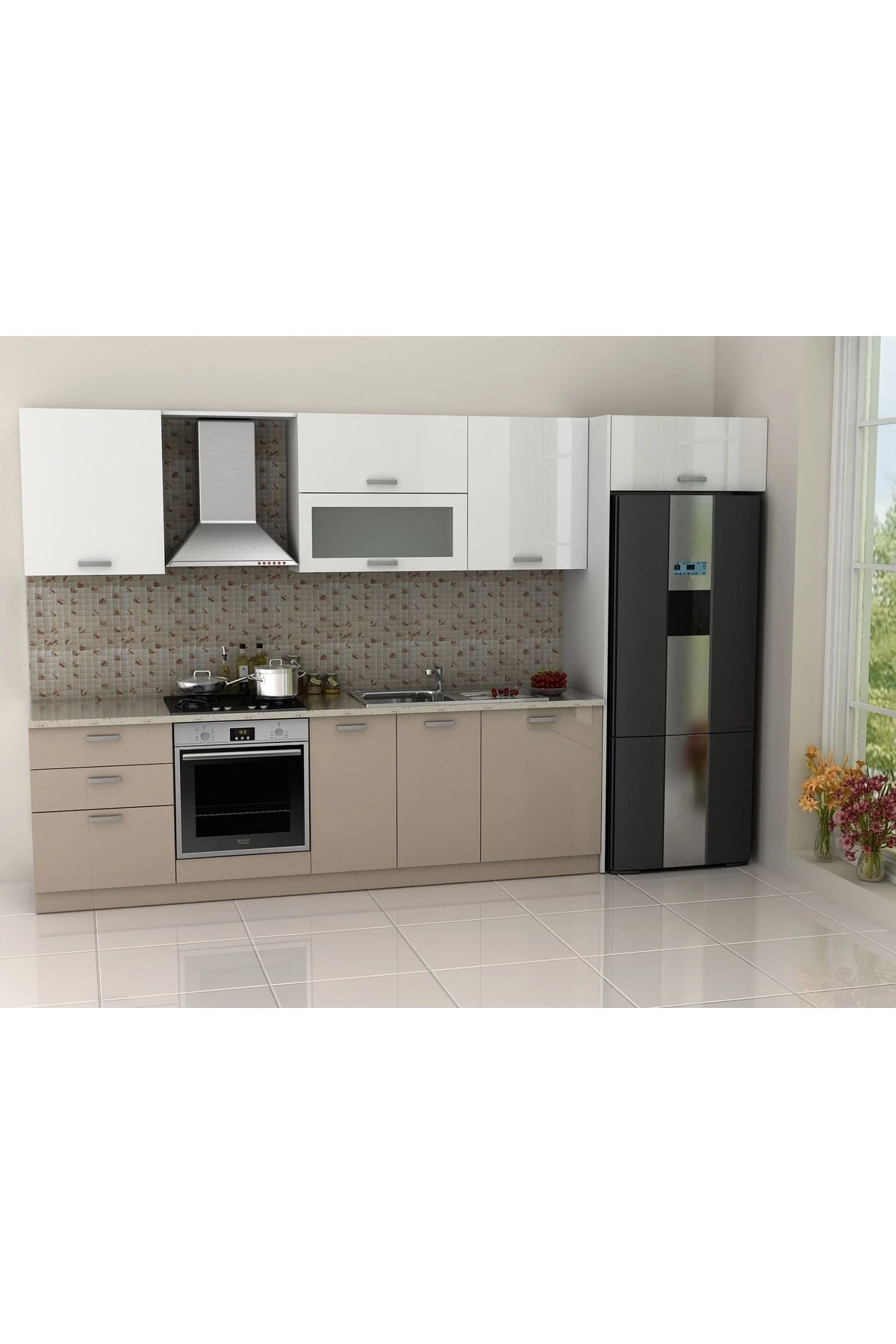 Manolya Mutfak 340 Cm High Gloss Beyaz & Capucino Tezgah Dahil