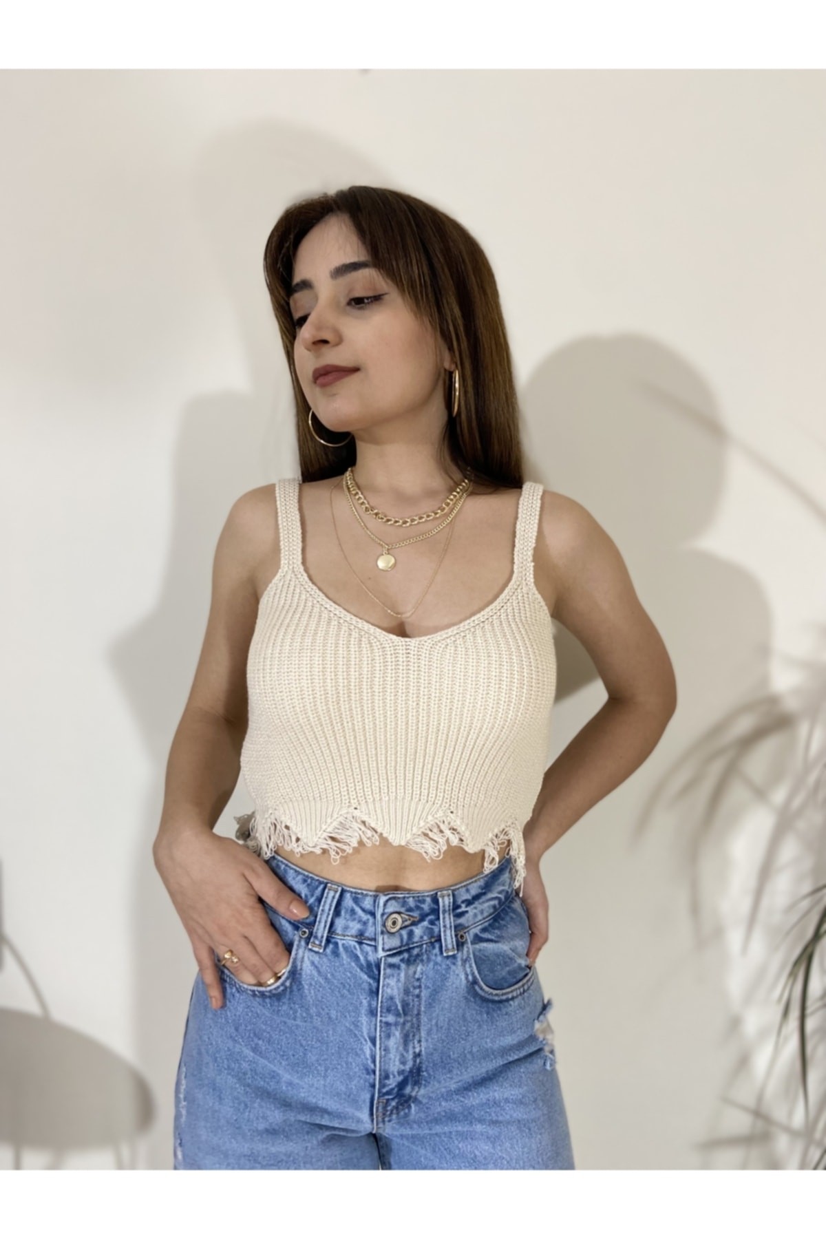 Eteği Yırtık Örme Crop Bluz