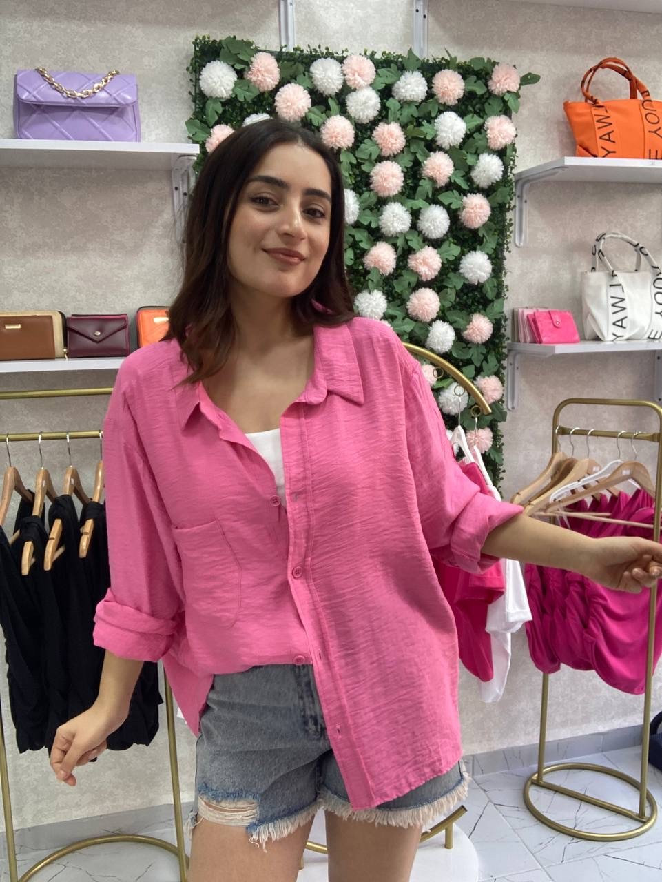 Pembe oversize keten gömlek 