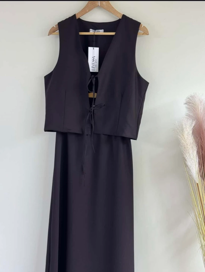 Bağlama Detaylı Yelek Etek Takım - Acı Kahve