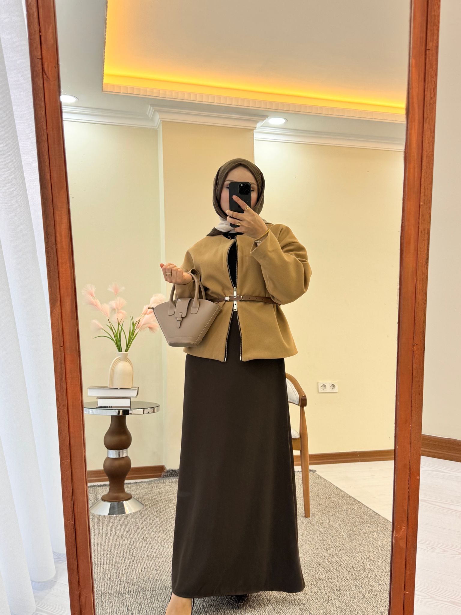 FERMUARLI KAŞE CEKET - Camel
