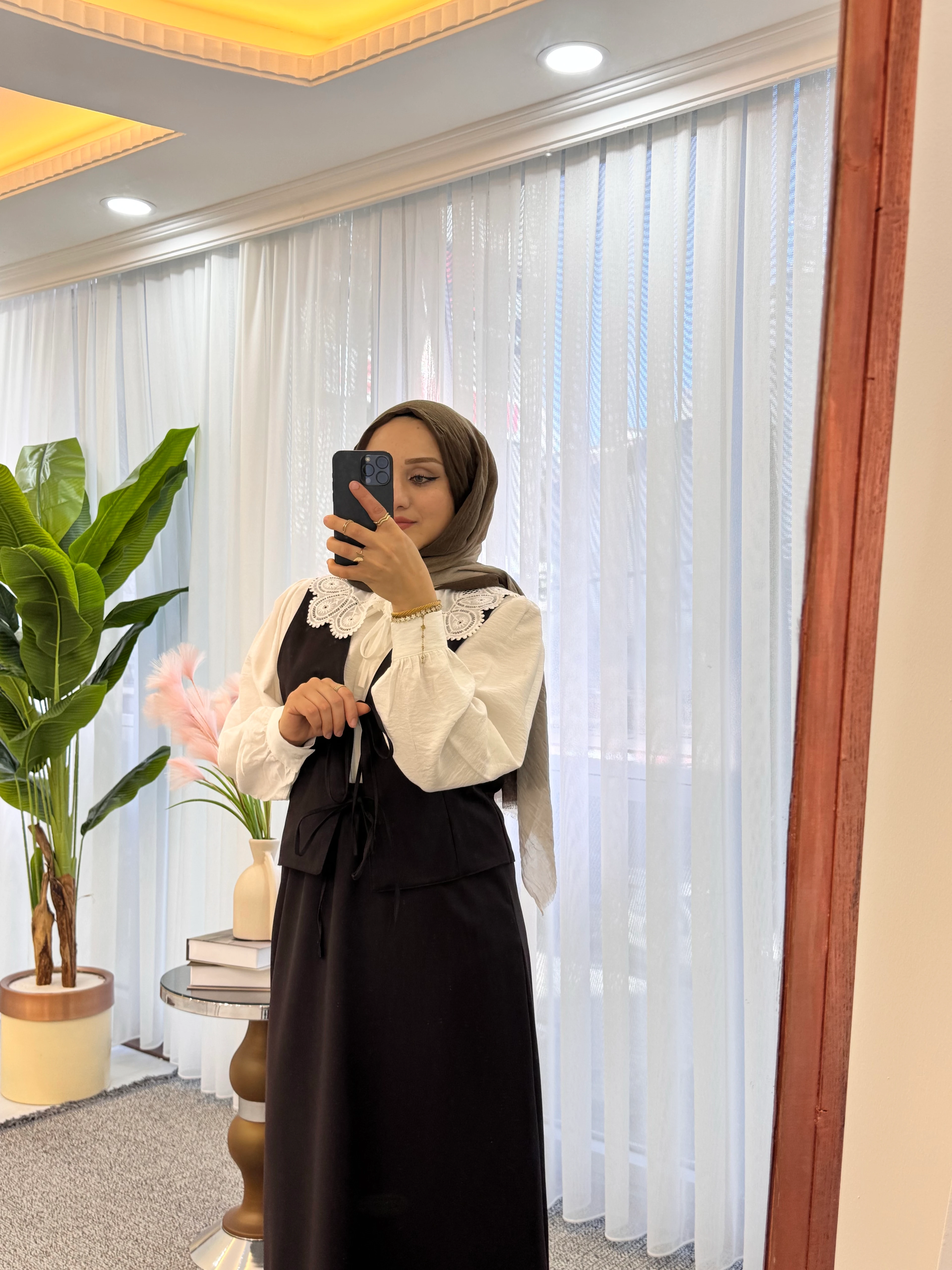 Bağlama Detaylı Yelek Etek Takım - Acı Kahve