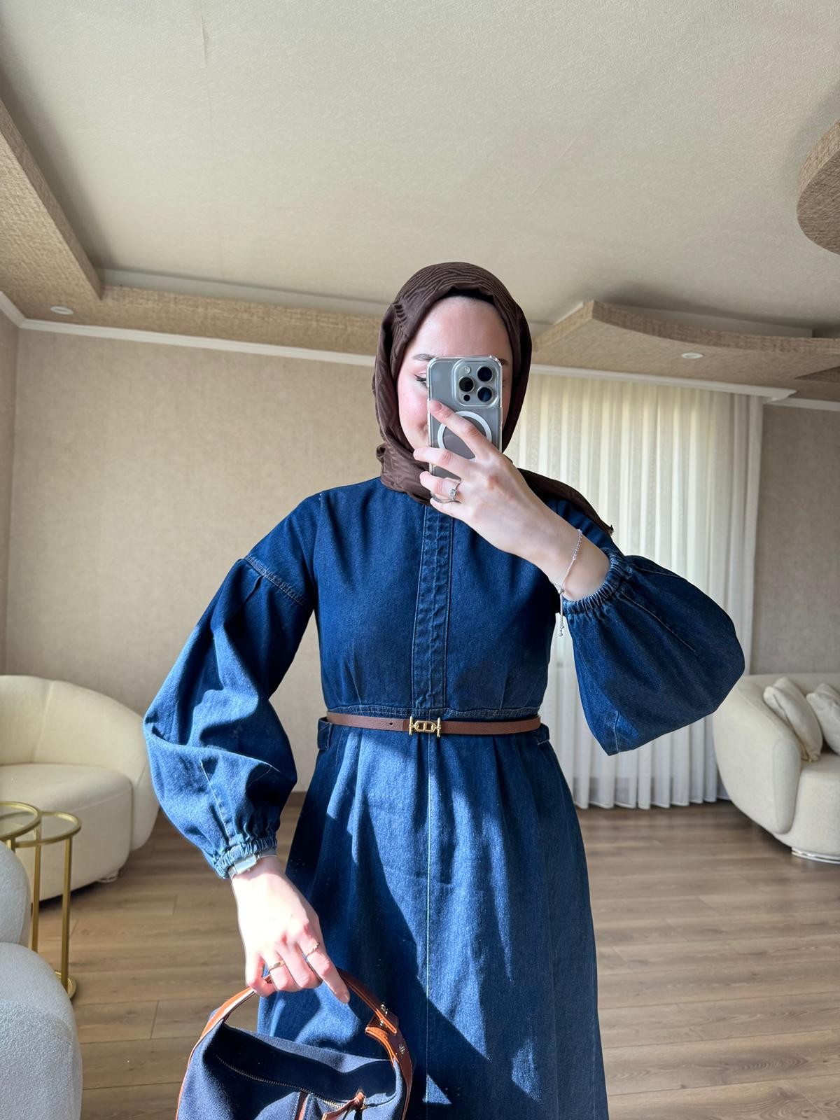 Arkası Fermuarlı Kot Elbise - Mavi