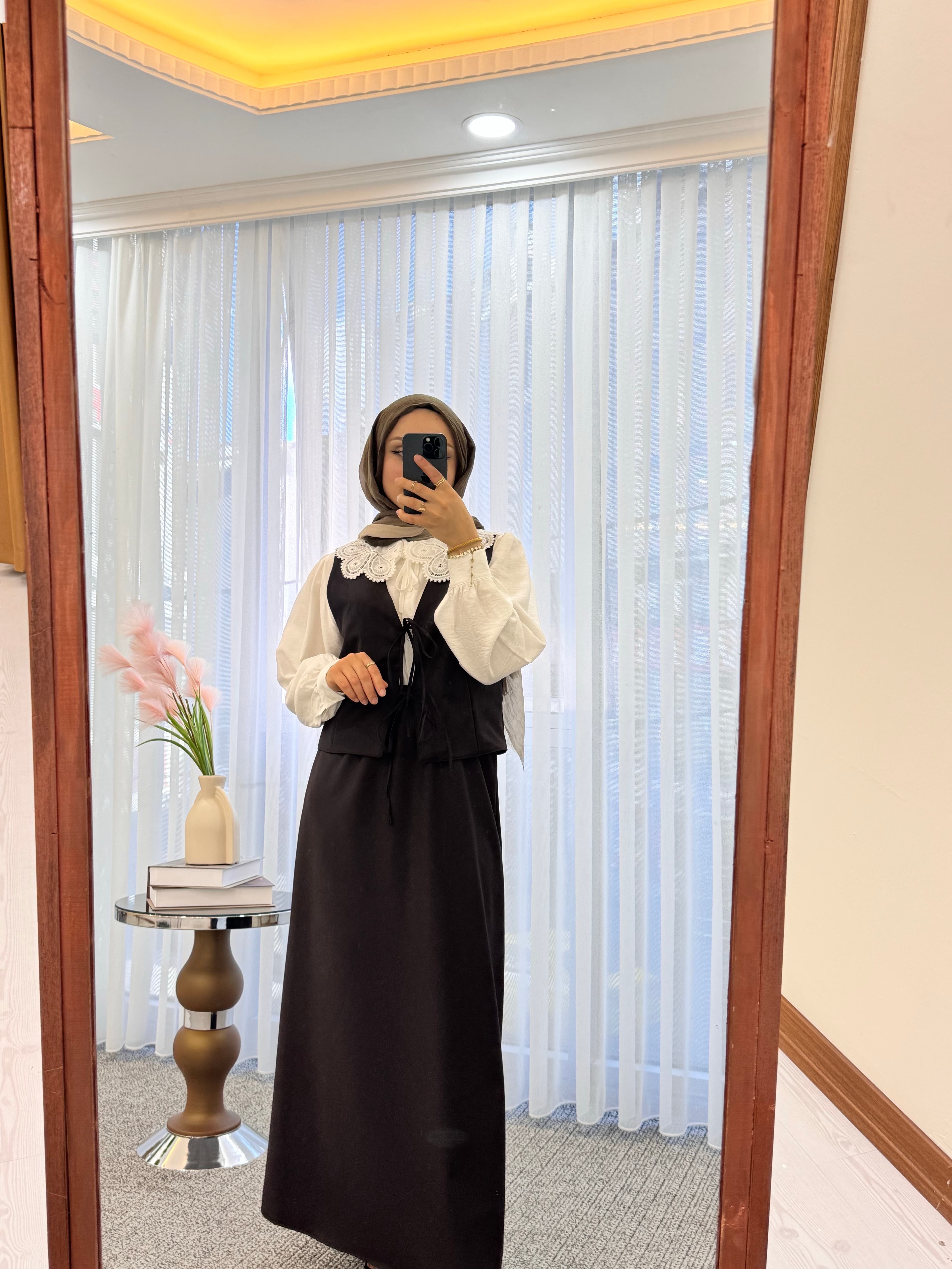 Bağlama Detaylı Yelek Etek Takım - Acı Kahve
