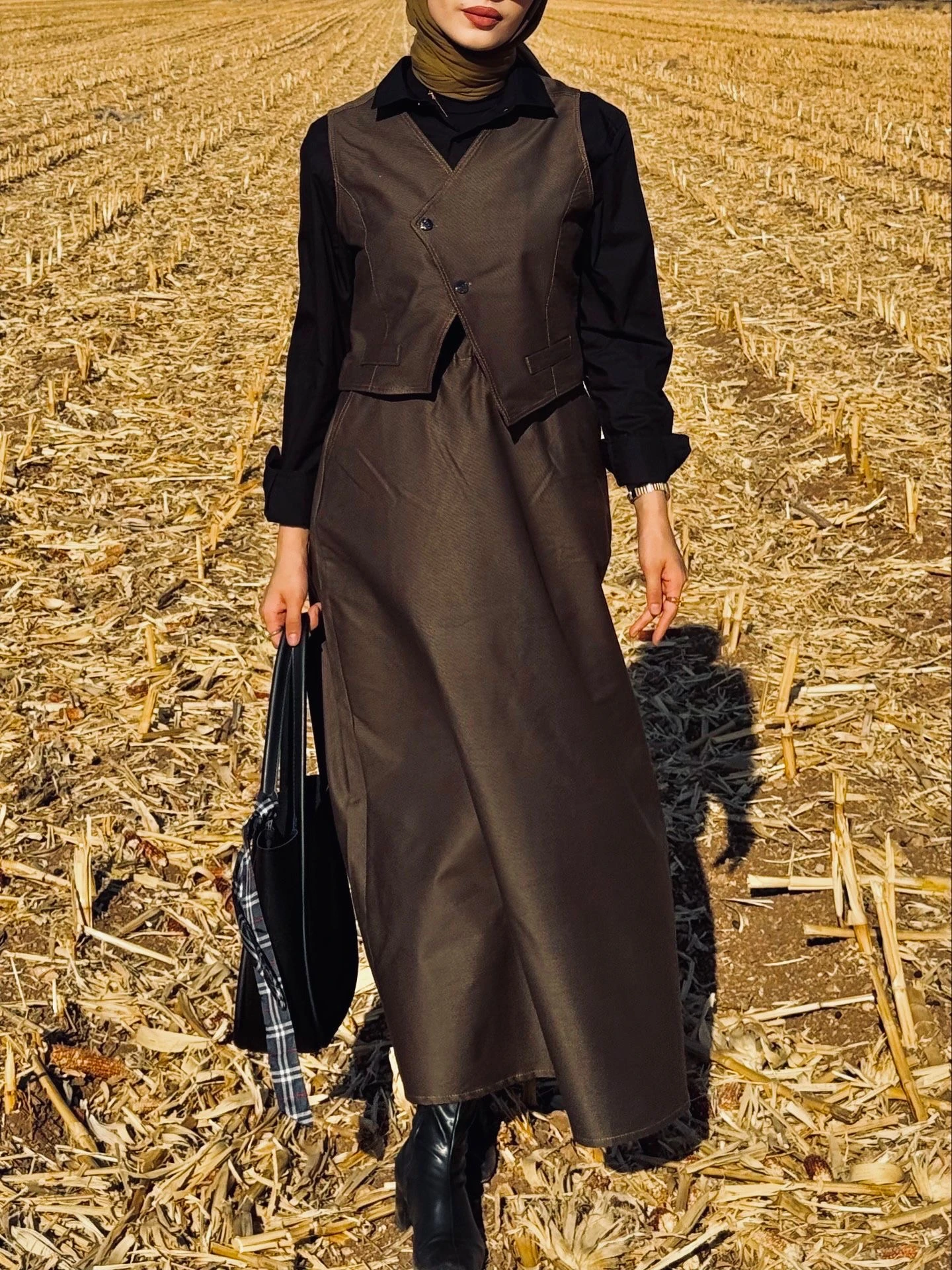 Asimetrik Düğmeli Yelek Etek Takım - Haki