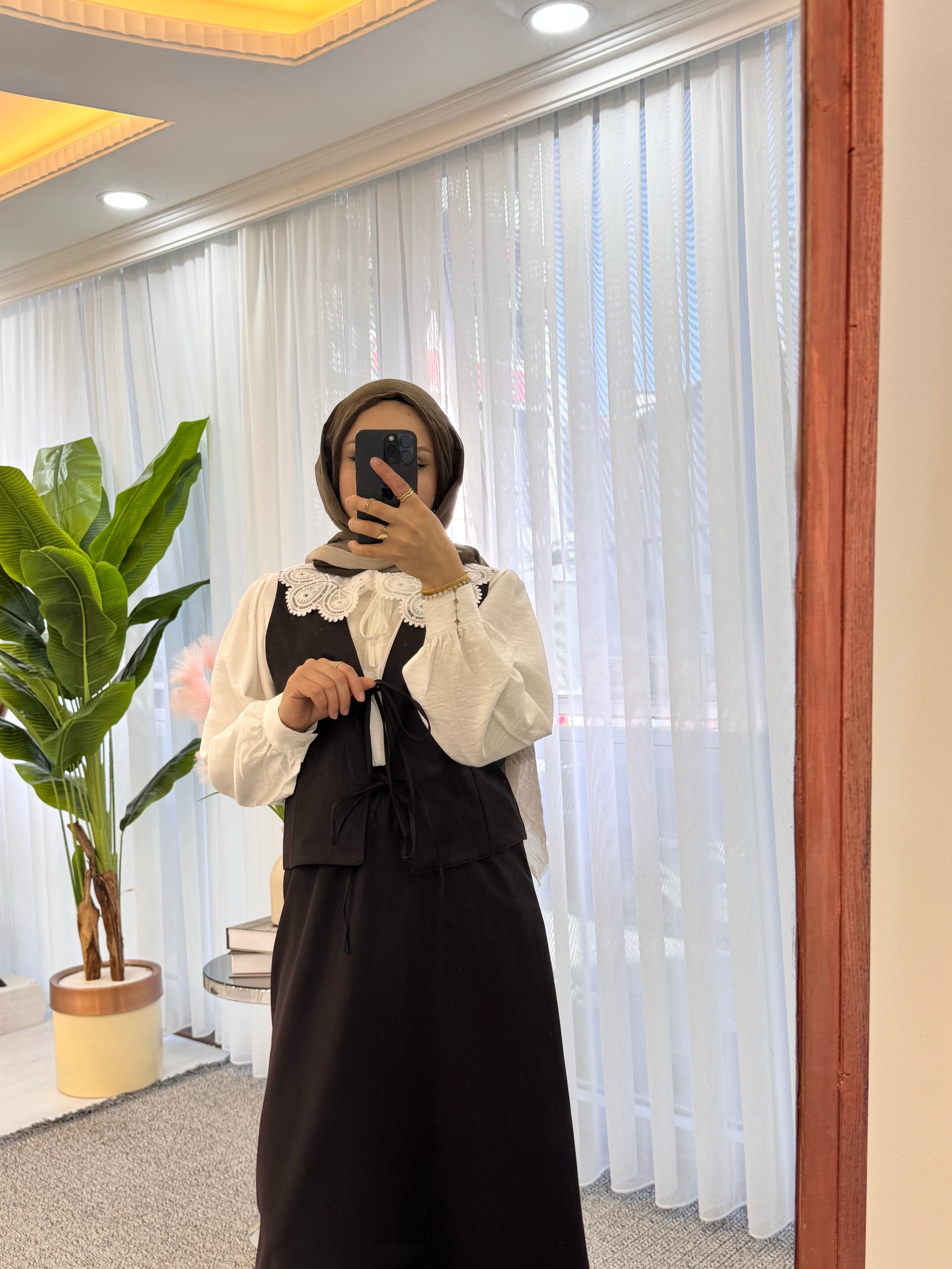 Bağlama Detaylı Yelek Etek Takım - Acı Kahve