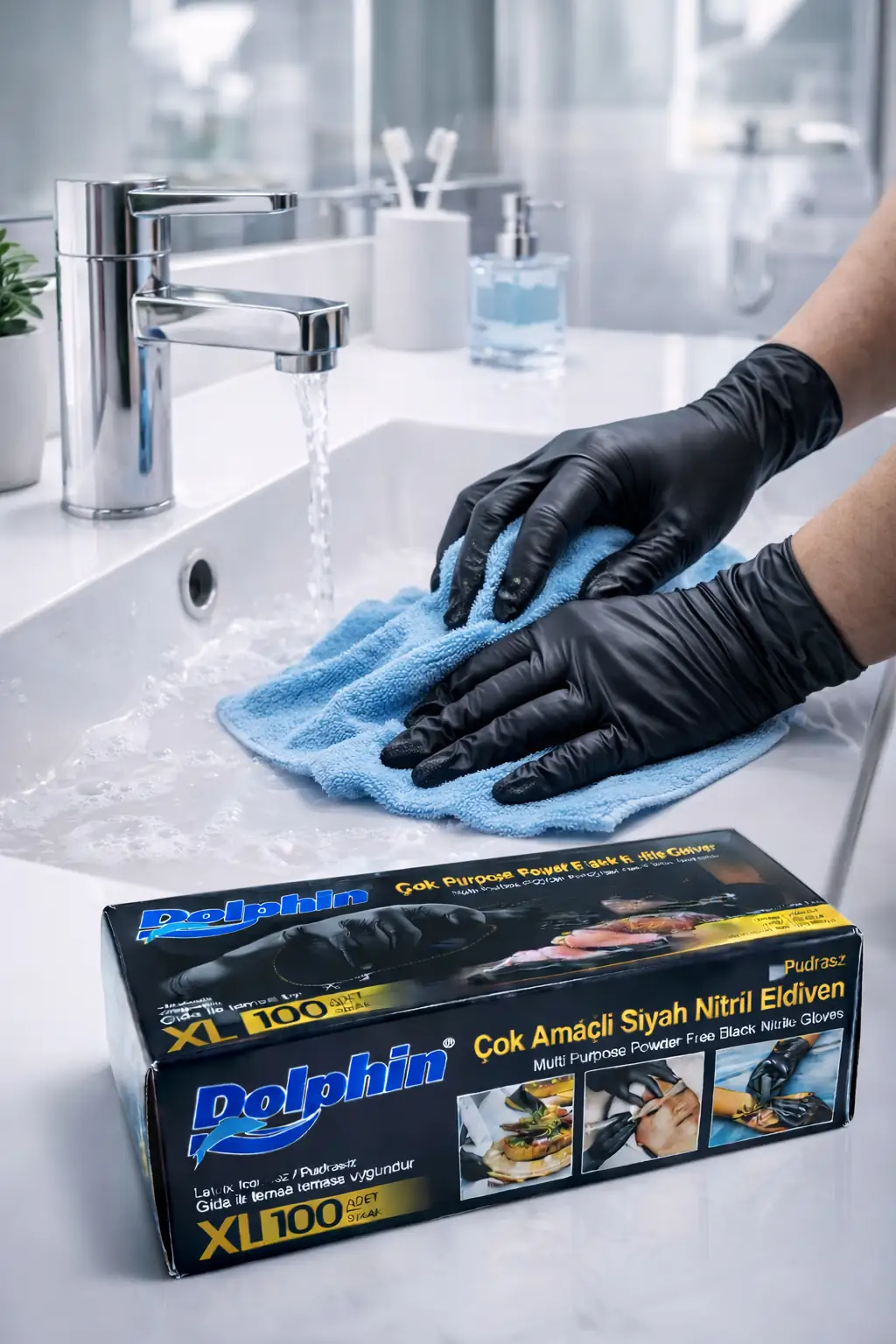Dolphin Pudrasız Çok Amaçlı Siyah Nitril Eldiven XL Beden (100