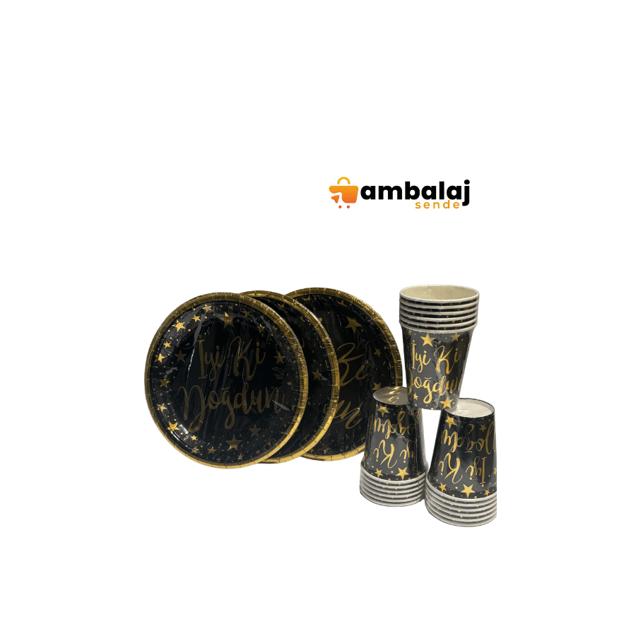 VARAKLI İYİ Kİ DOĞDUN ALTIN TABAK-BARDAK SET 