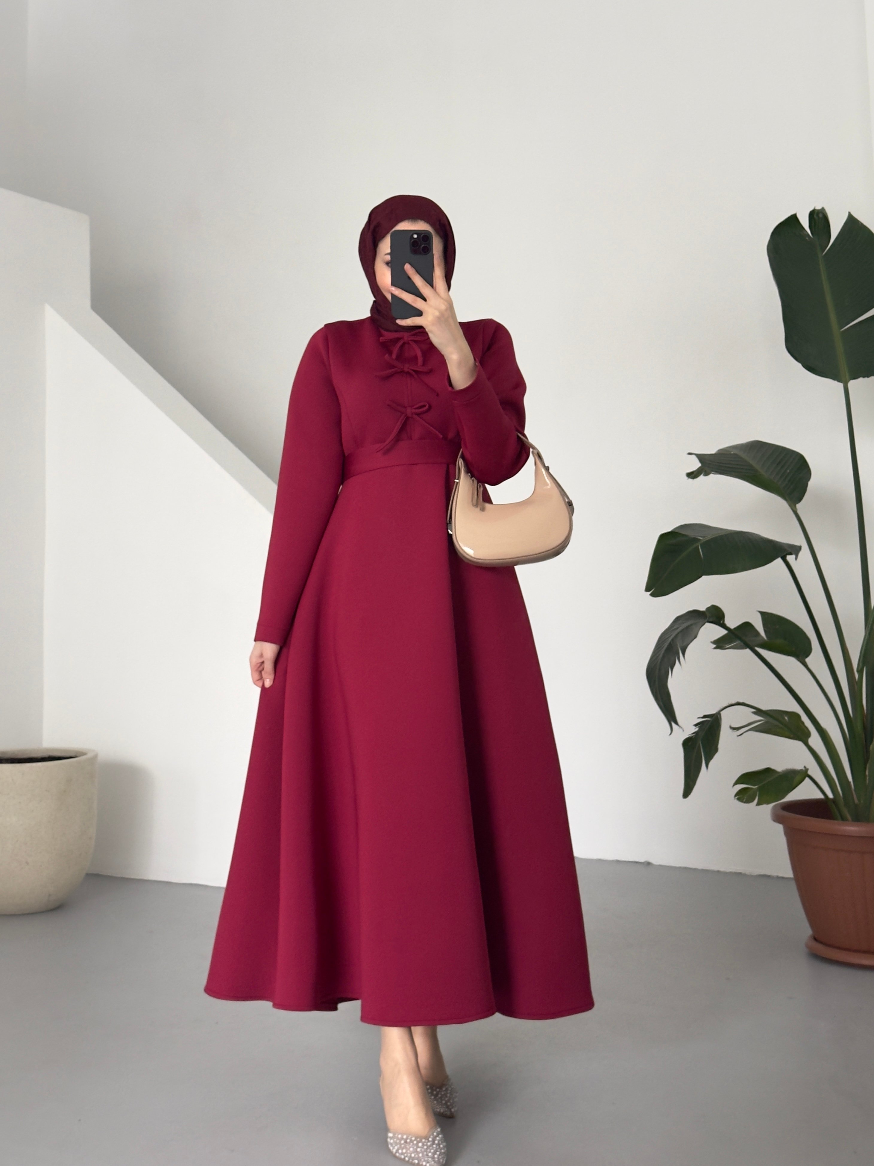FİYONK DETAYLI ELBİSE BORDO