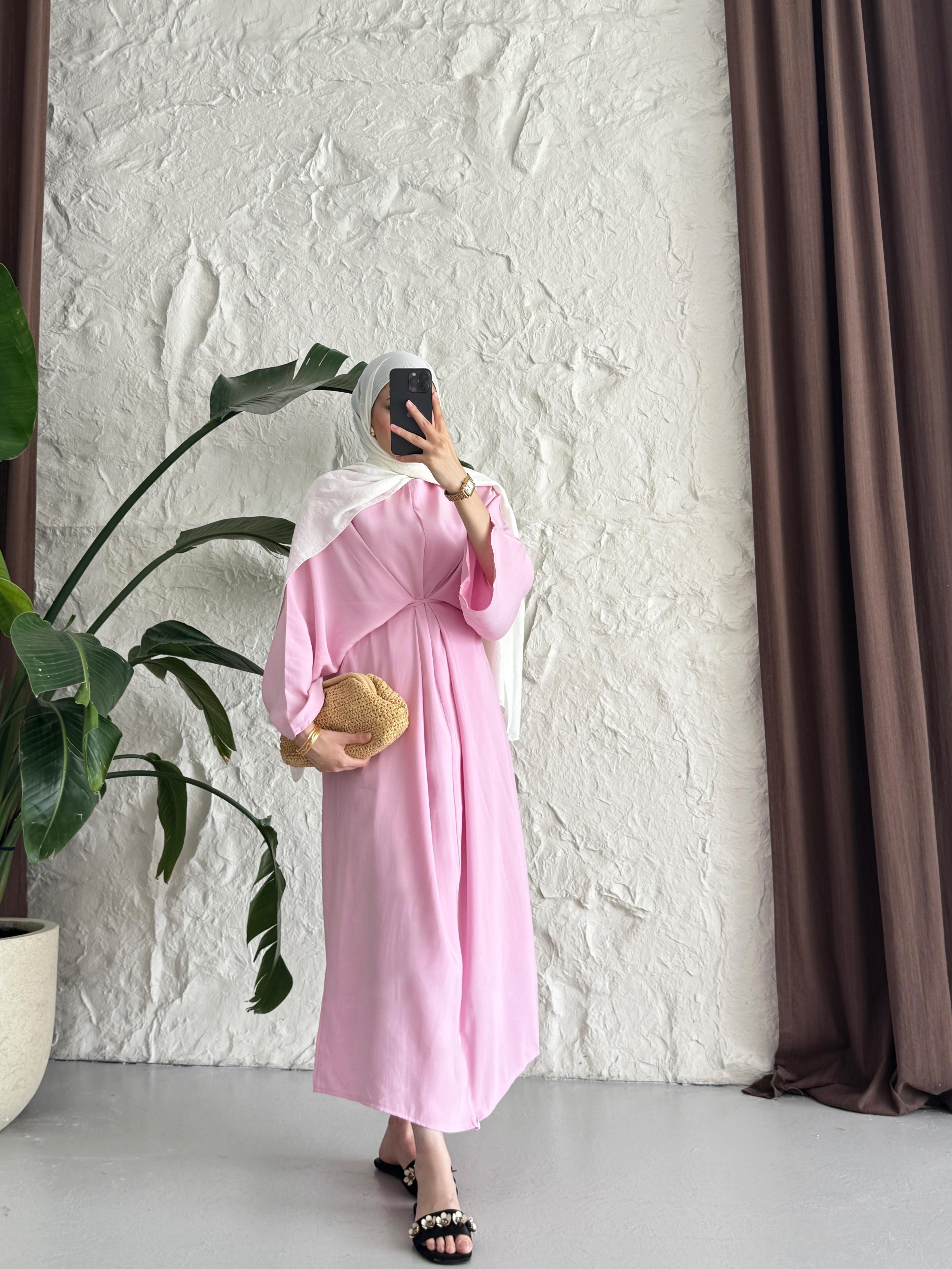 BEL BAĞLAMALI ELBİSE - PEMBE