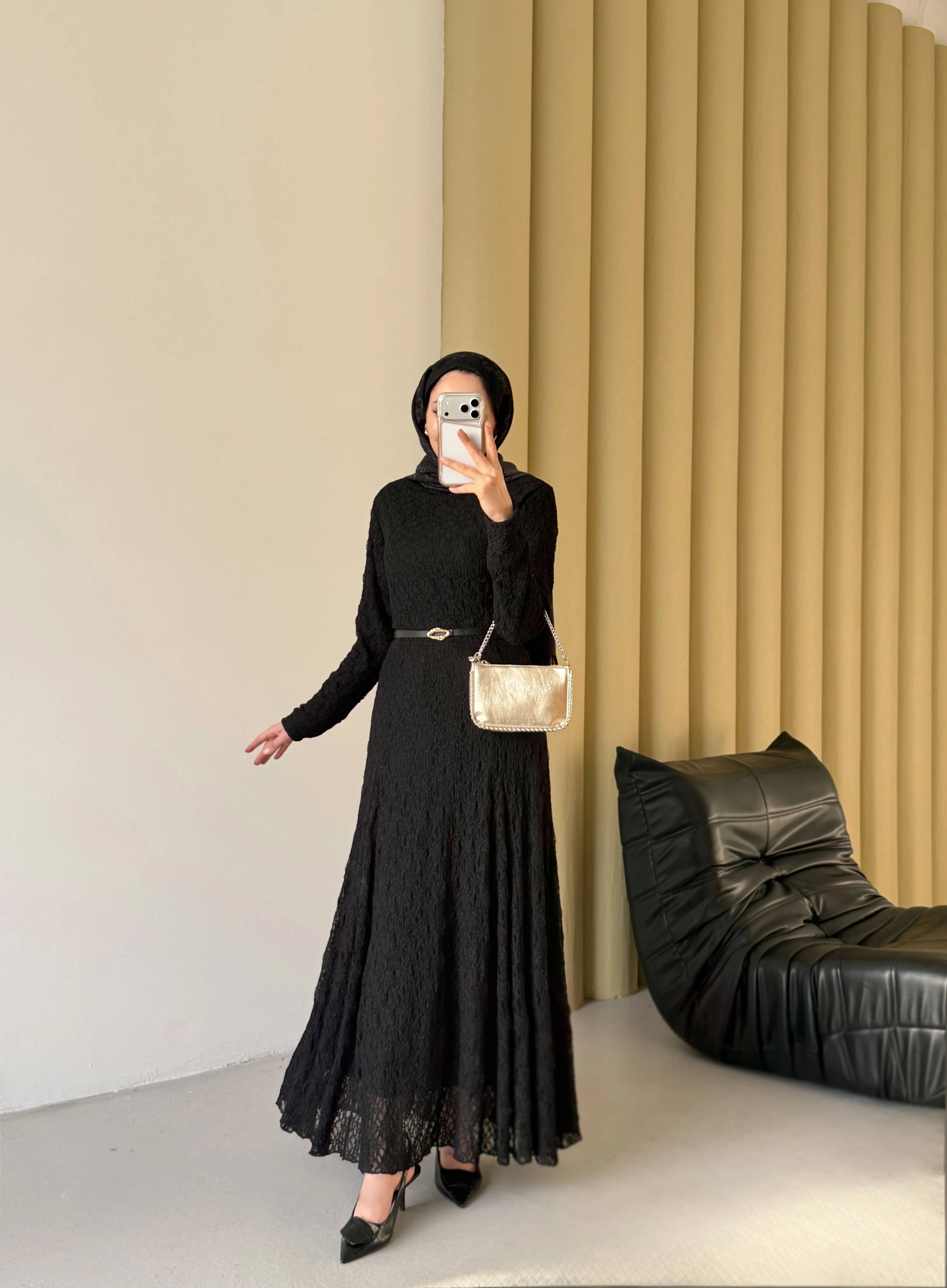 DORA DANTEL ELBİSE - SİYAH