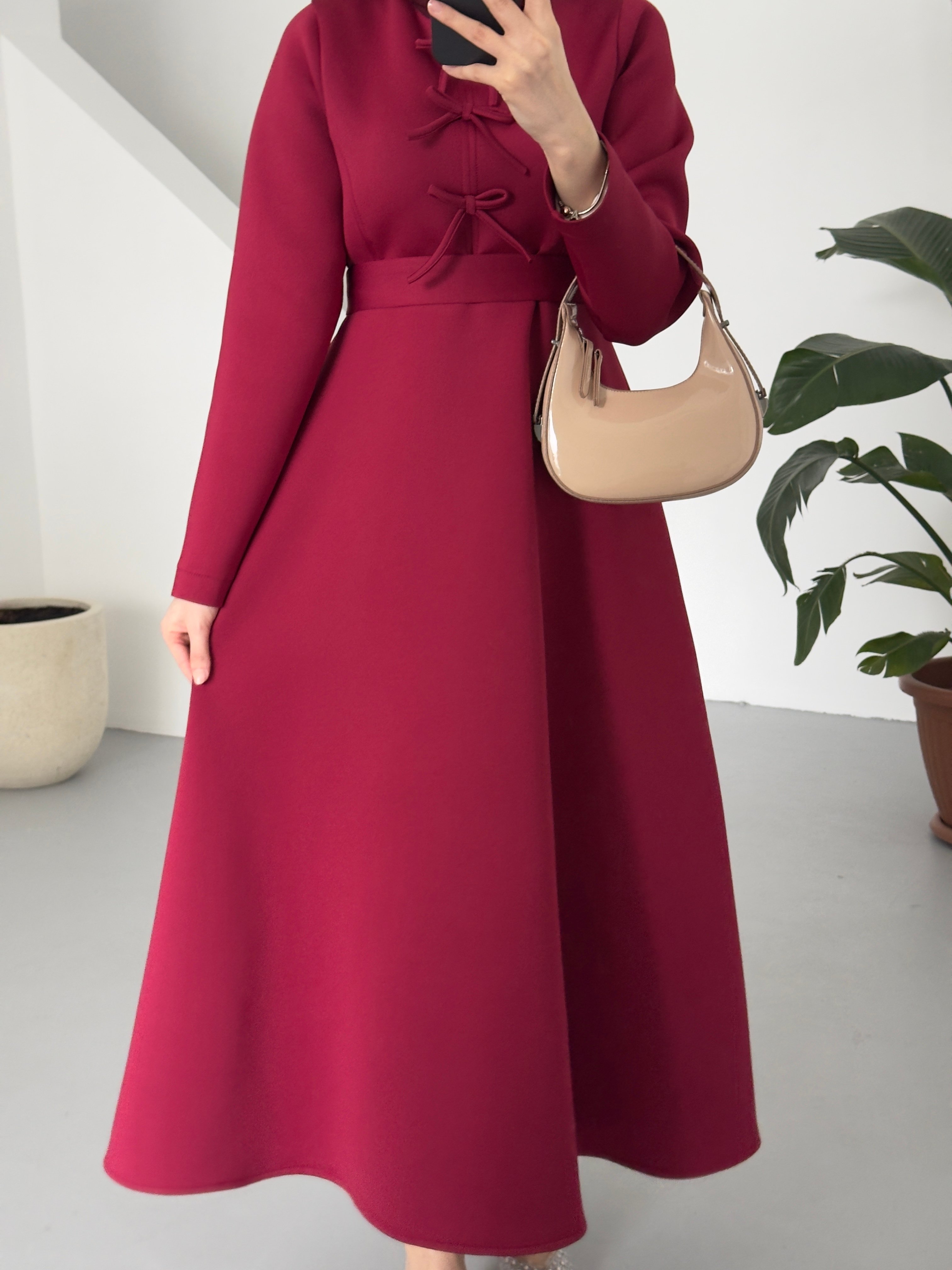 FİYONK DETAYLI ELBİSE BORDO