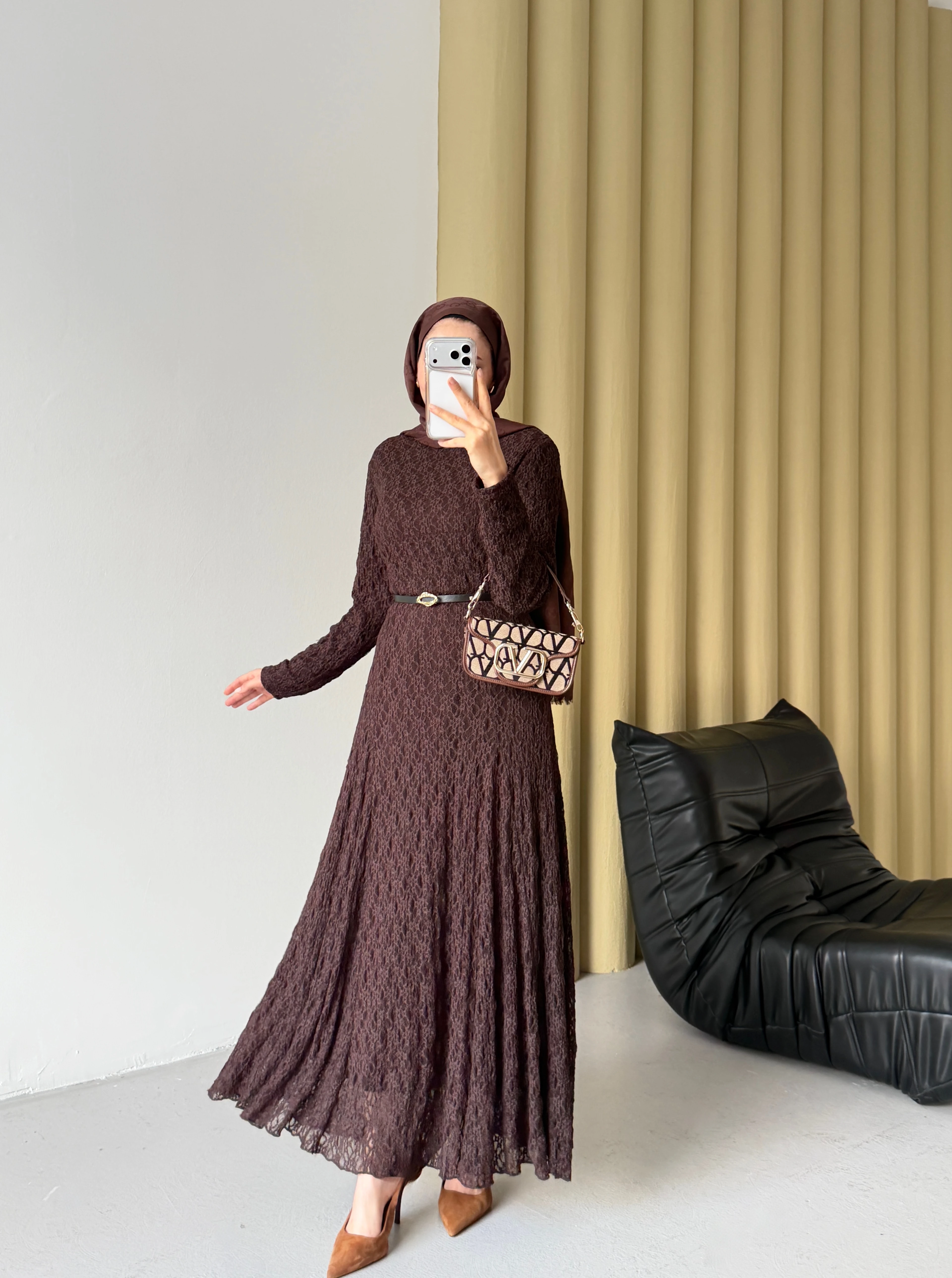 DORA DANTEL ELBİSE - ACI KAHVE