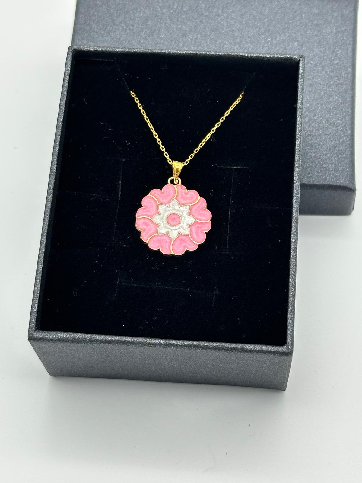 SİMLİ PEMBE BEYAZ KALPLİ 18K GOLD KAPLAMA 925 AYAR GÜMÜŞ KOLYE