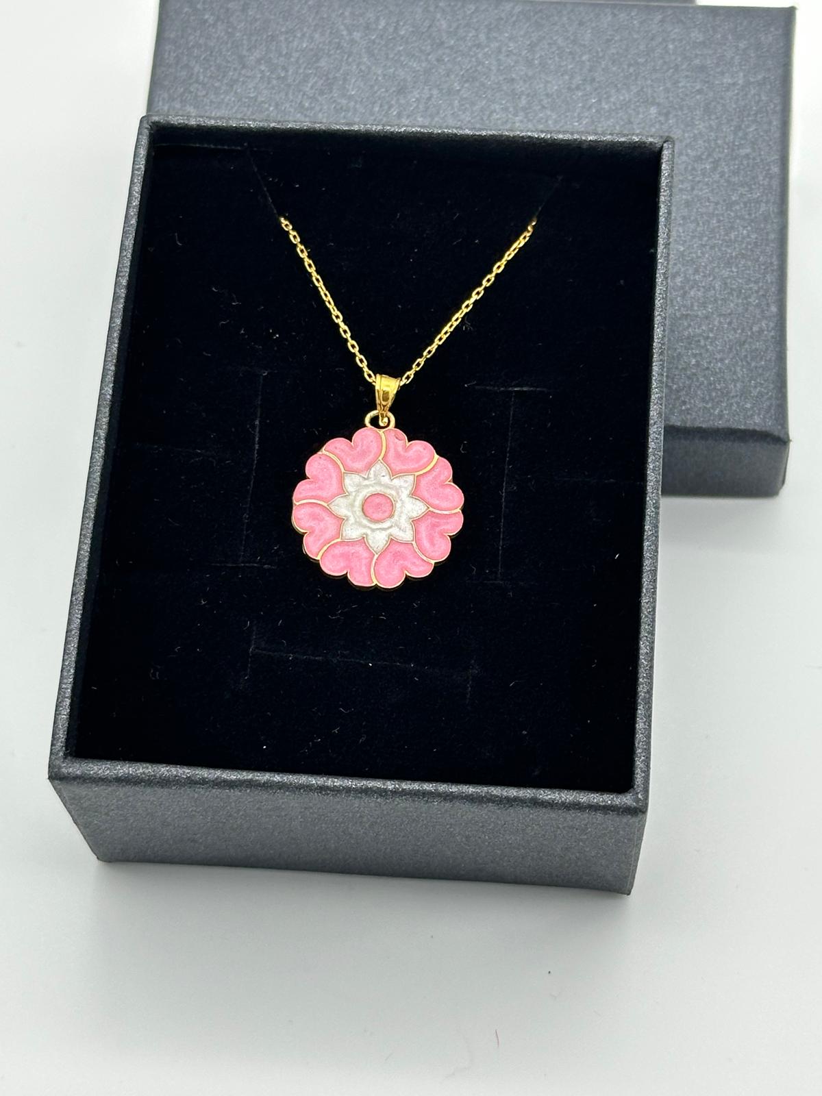 SİMLİ PEMBE BEYAZ KALPLİ 18K GOLD KAPLAMA 925 AYAR GÜMÜŞ KOLYE