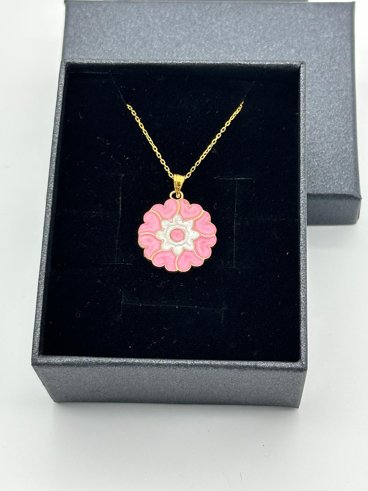 SİMLİ PEMBE BEYAZ KALPLİ 18K GOLD KAPLAMA 925 AYAR GÜMÜŞ KOLYE