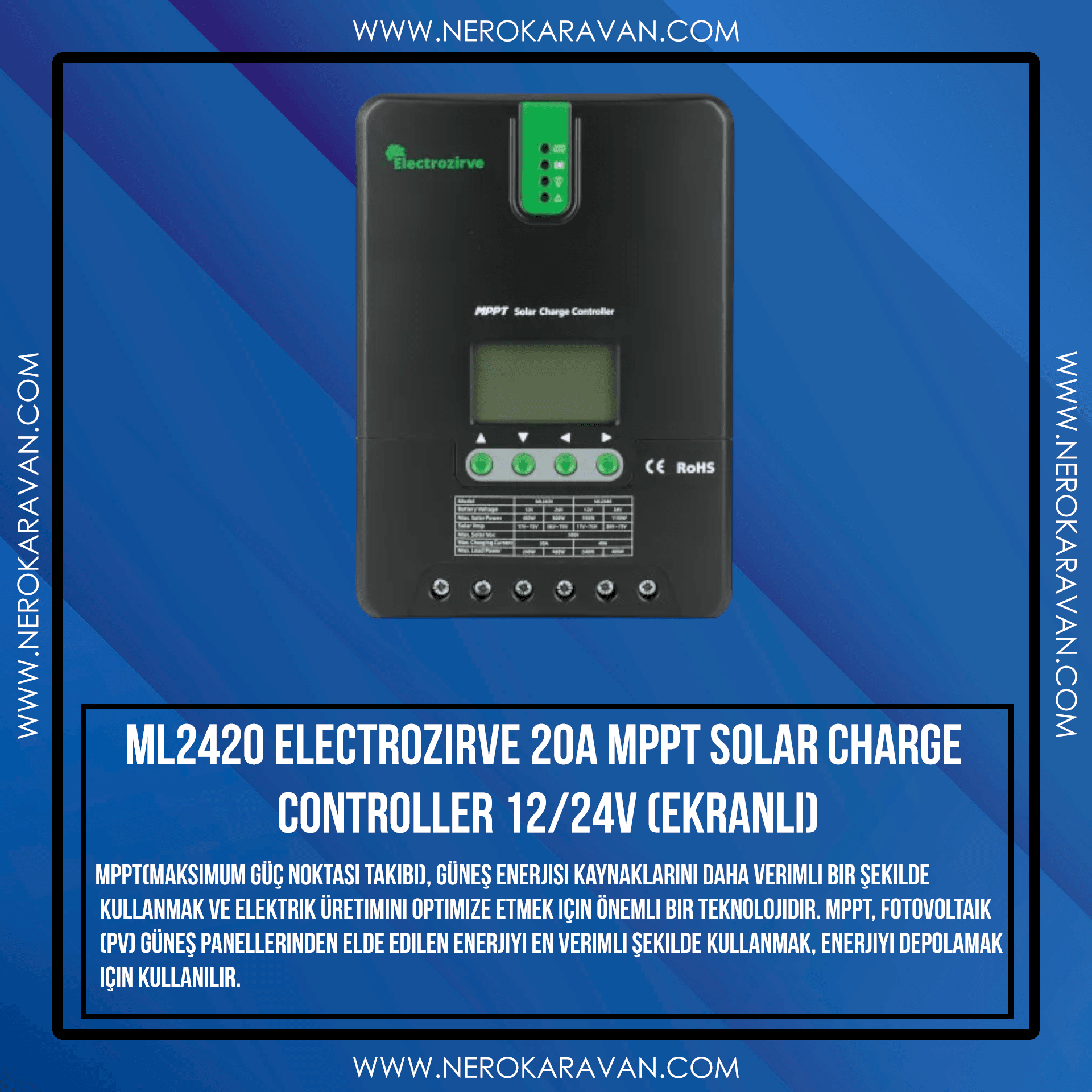 Electrozirve 20A MPPT Solar Charge Controller 12/24V (Ekranlı)