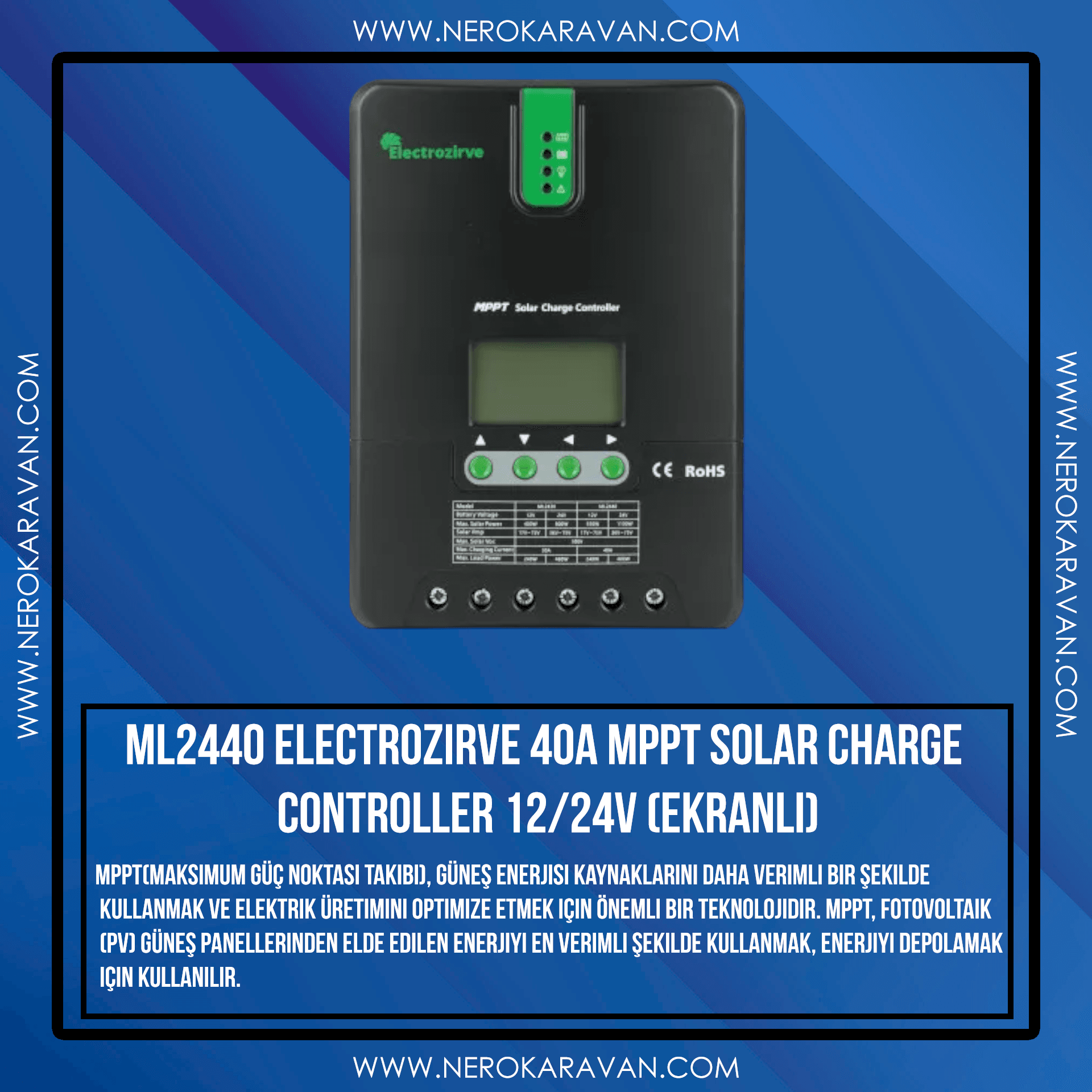 Electrozirve 40A MPPT Solar Charge Controller 12/24V (Ekranlı)