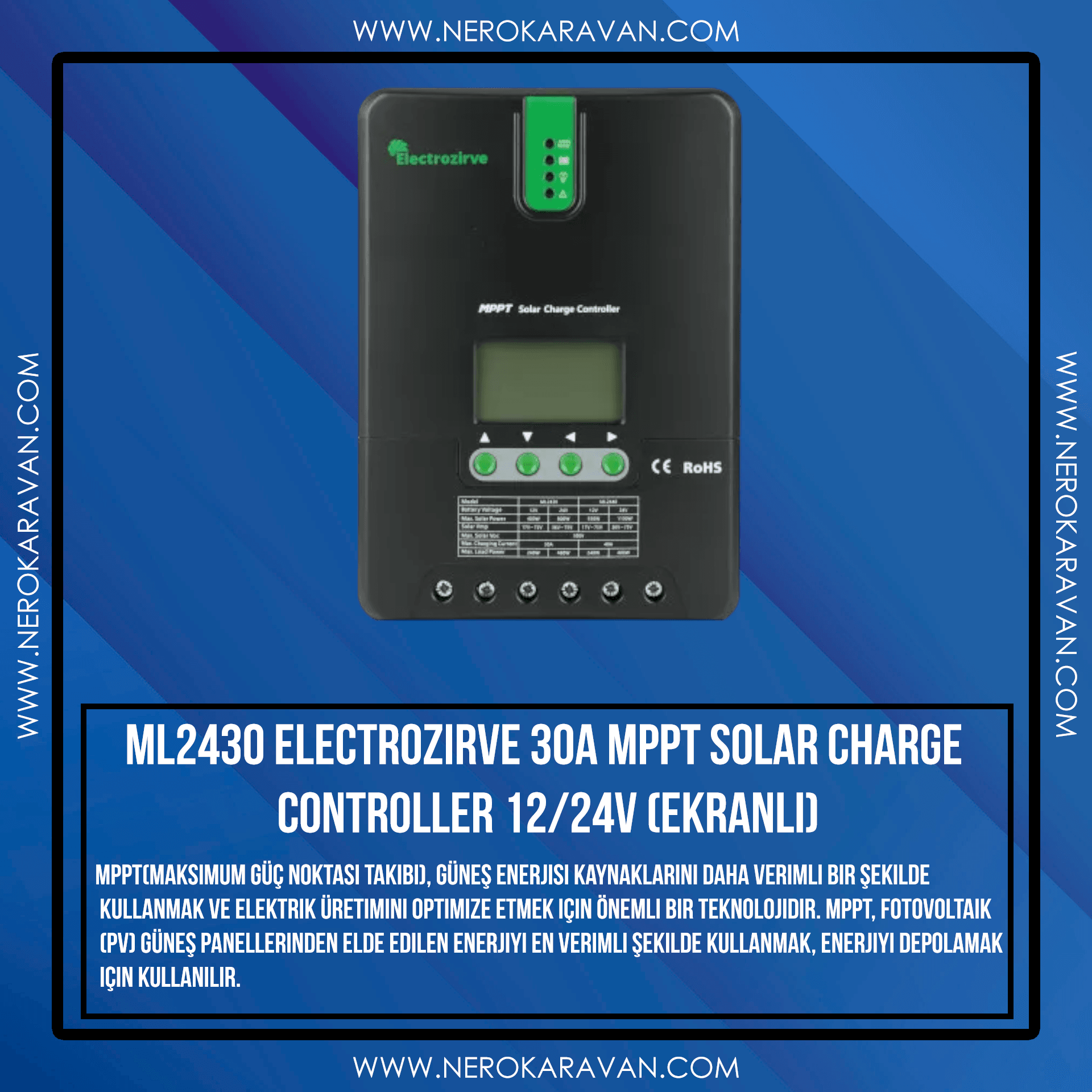 Electrozirve 30A MPPT Solar Charge Controller 12/24V (Ekranlı)