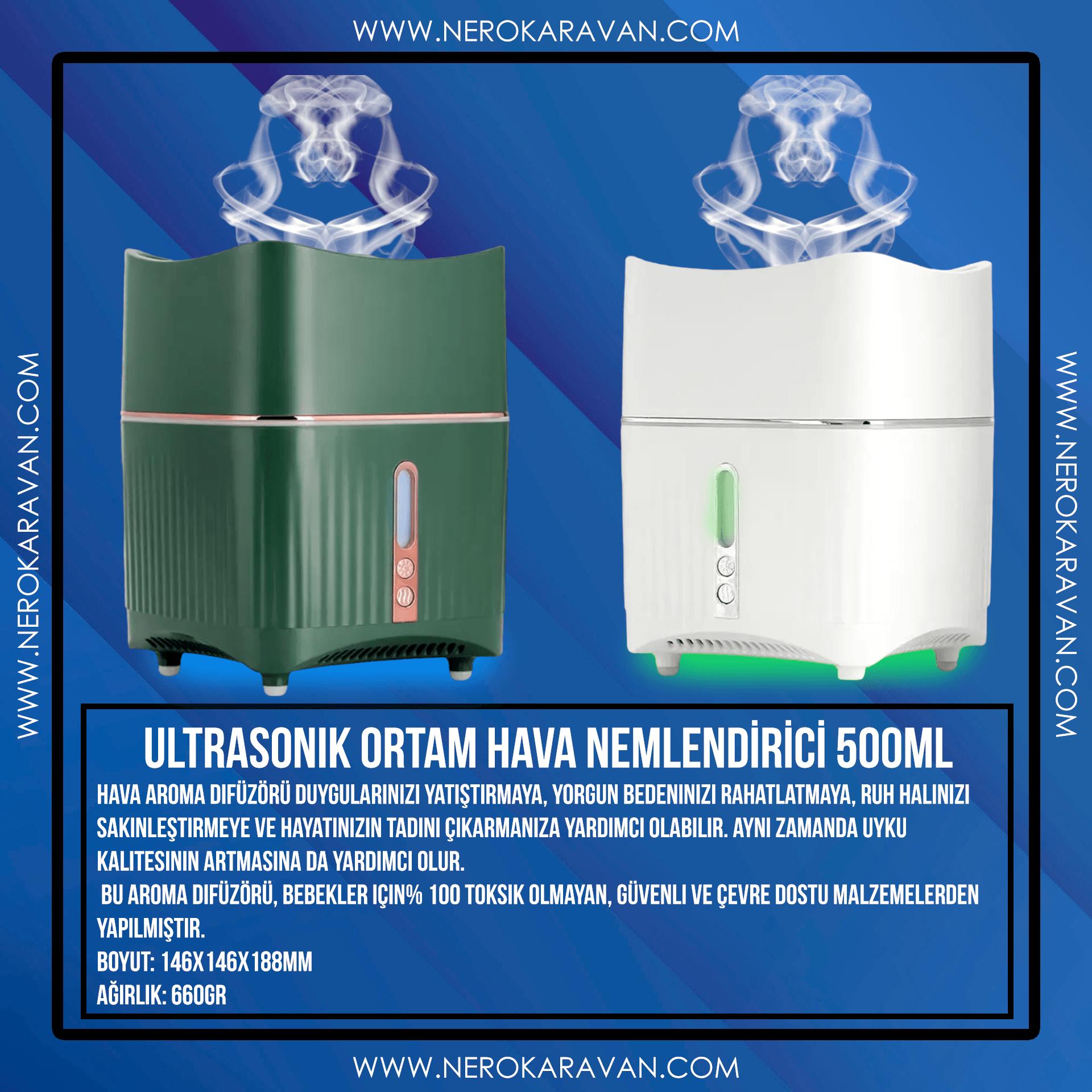 Ultrasonik Karavan Hava Nemlendirici & Temizleyici Air Humidifier 500mL