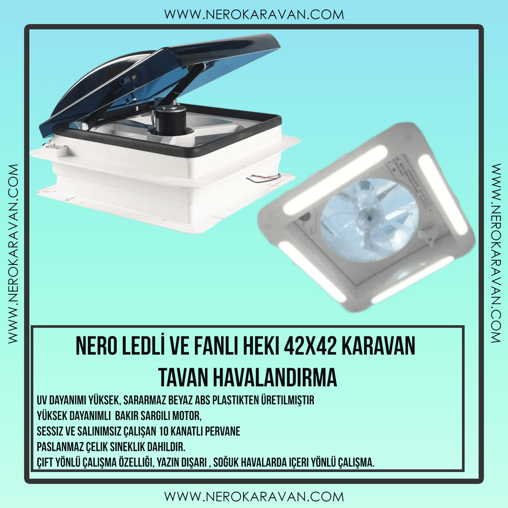 Nero Ledli ve Fanlı Heki 42x42 Karavan Tavan Havalandırma