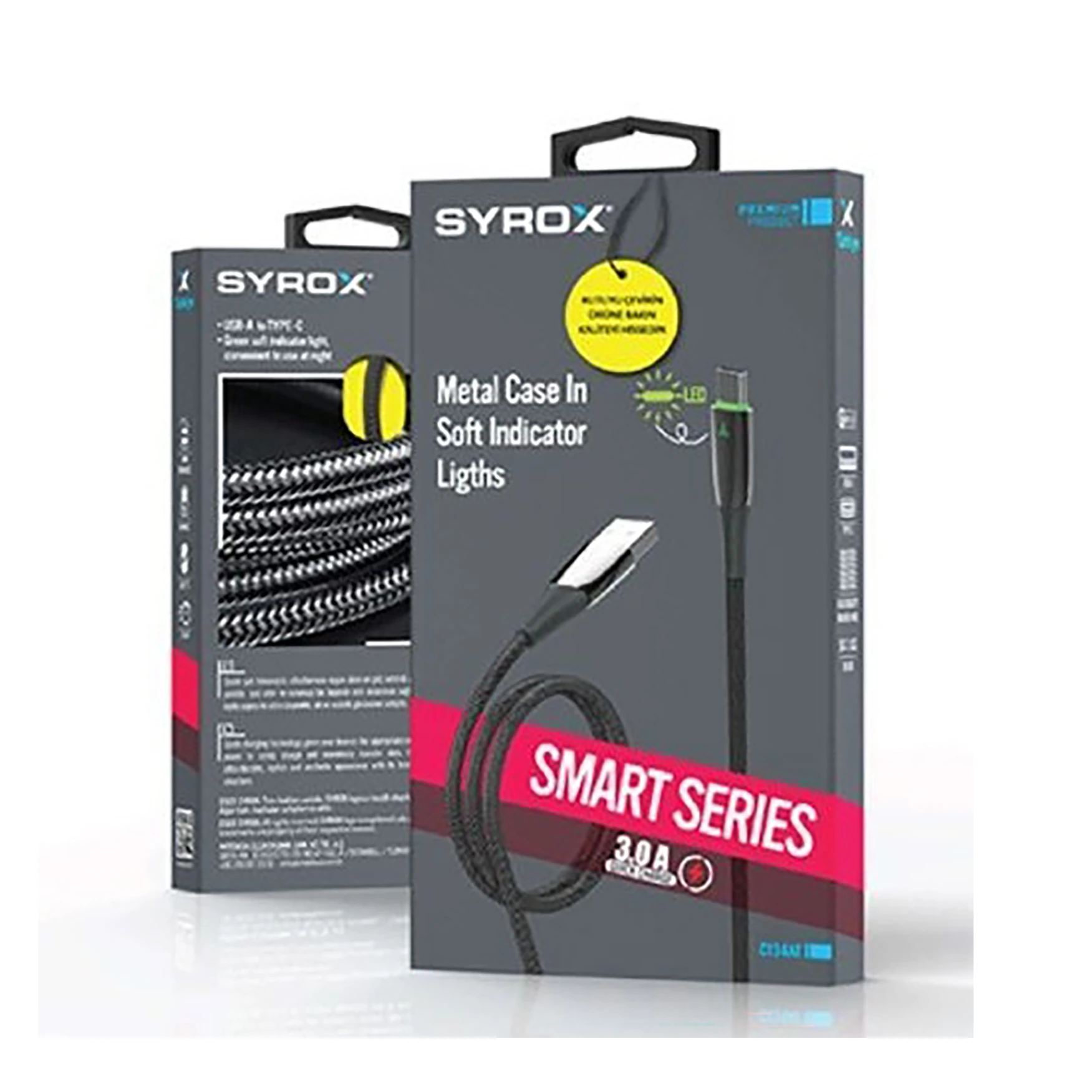 Syrox C134AT 3.0A 1.20mt Ledli Örgülü Metal Başlıklı USB-A - Type-C Şarj & Data Kablosu - Siyah