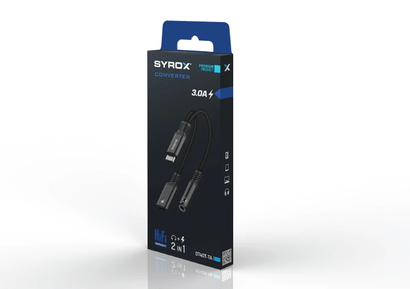 Syrox DT40T-TA Type-C - Type-C + 3.5mm AUX 2in1 Ses ve Şarj Ayırıcı Dönüştürücü - Siyah