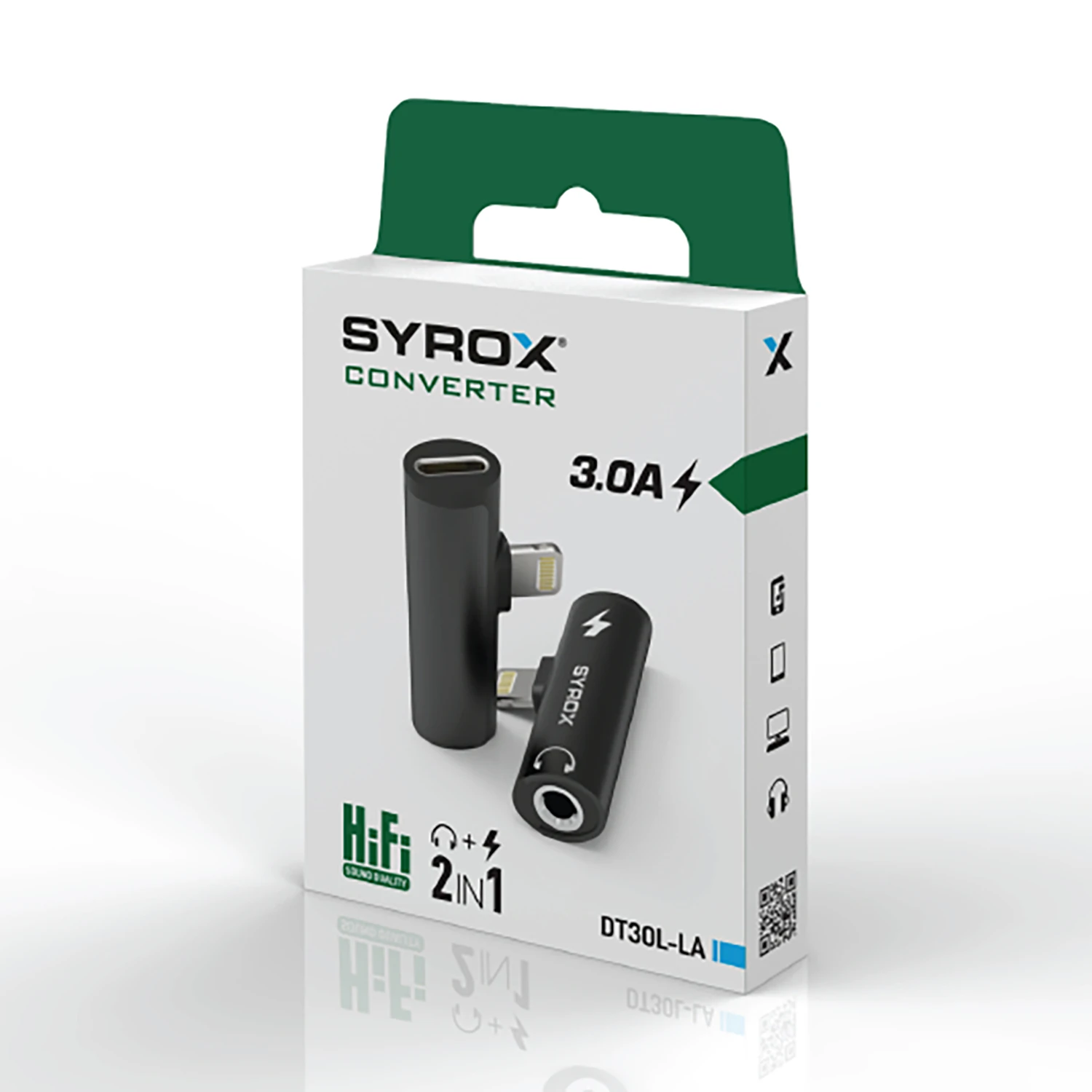 Syrox DT30L-LA Lightning - Lightning + 3.5mm AUX Midi Ses ve Şarj Ayırıcı Dönüştürücü - Siyah