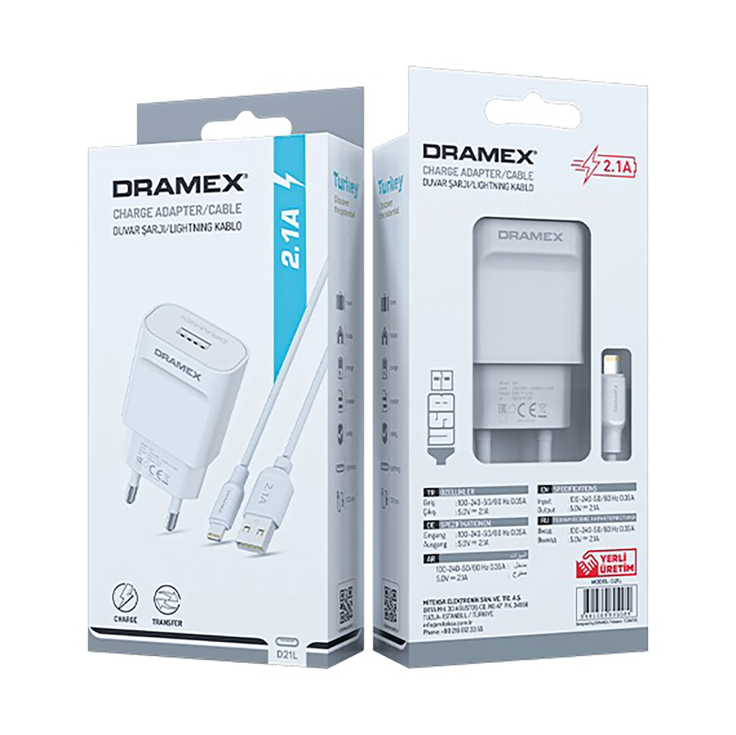 Dramex D21L 2.1A 1mt USB-A - Lightning Kablolu 1xUSB-A Port Çıkışlı Şarj Cihazı - Beyaz