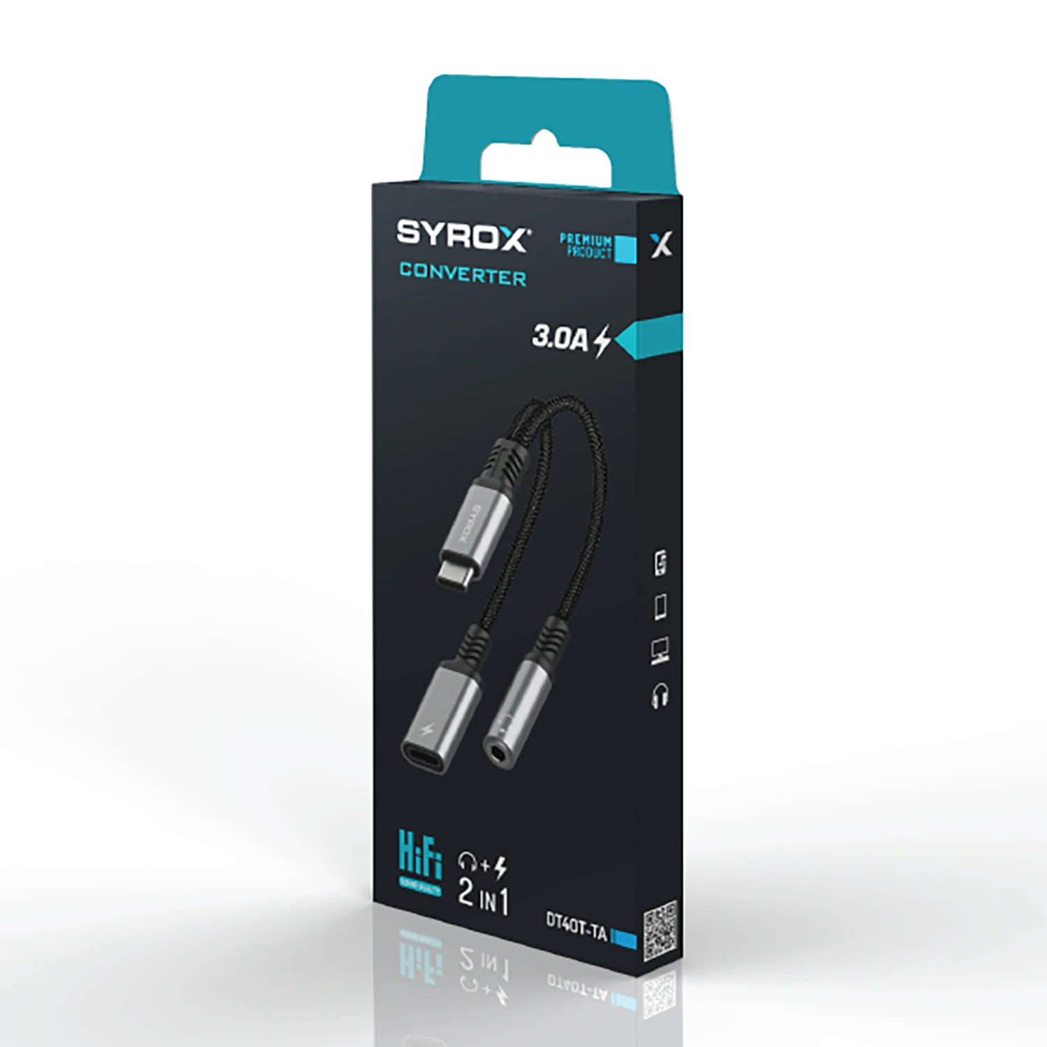 Syrox DT40T-TA Type-C - Type-C + 3.5mm AUX 2in1 Ses ve Şarj Ayırıcı Dönüştürücü - Gri