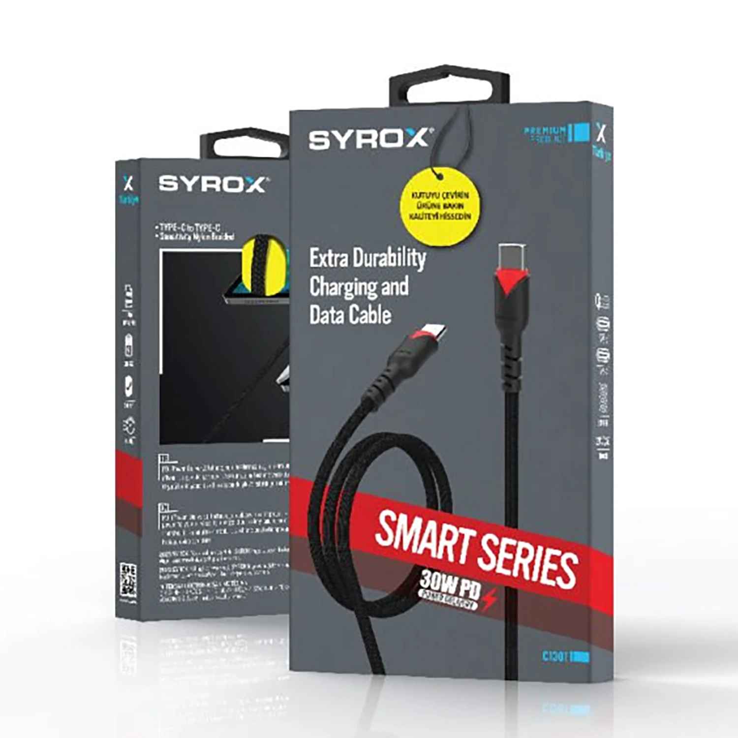 Syrox C130T 30W PD 1.10mt Örgülü Type-C - Type-C Şarj & Data Kablosu - Siyah