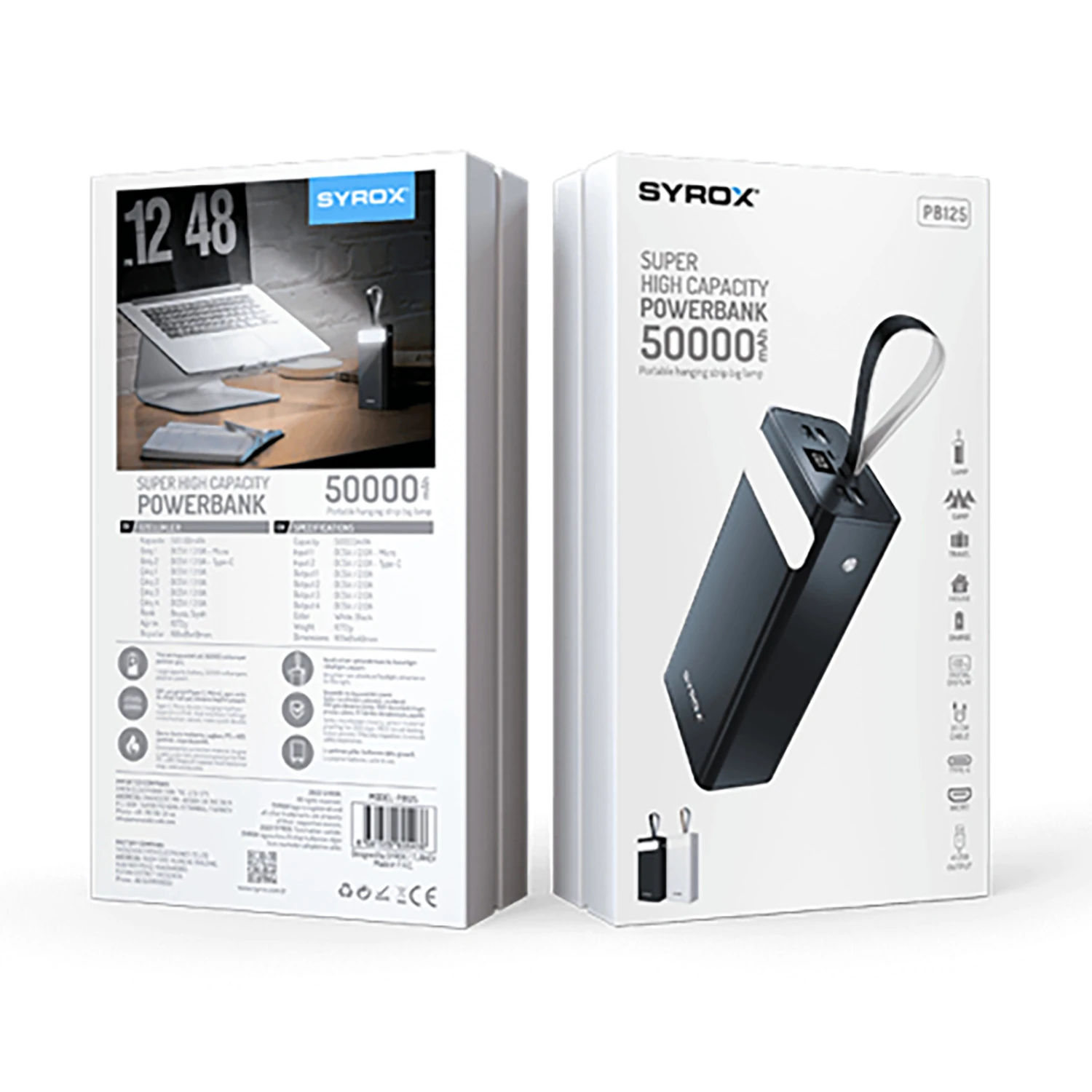 Syrox PB125 50.000 mAh Dijital Göstergeli 4 Çıkışlı El Fenerli Powerbank - Siyah